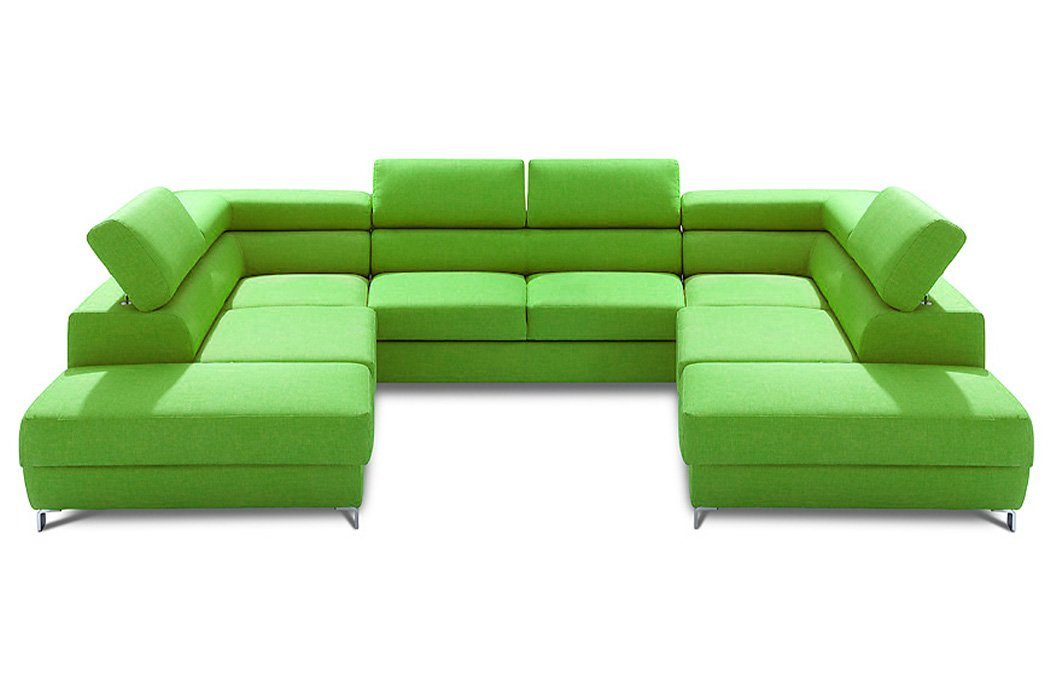 JVmoebel Ecksofa, Wohnlandschaft Bettfunktion Stoff Ecksofa U-Form Sofa Couch Design Grün