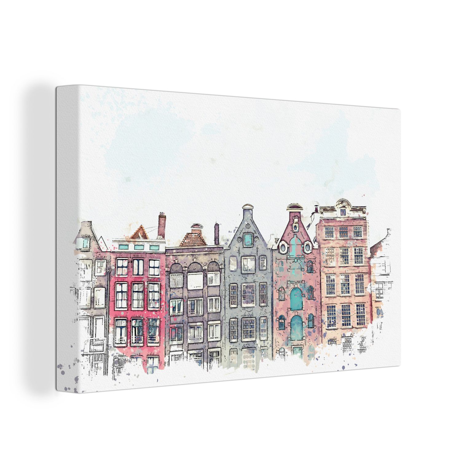 OneMillionCanvasses® Leinwandbild Illustration - Aquarell - Amsterdam, Fotodruck (1 St), Leinwand Bilder Klein, Wand Dekoration Aesthetic 30x20 cm
