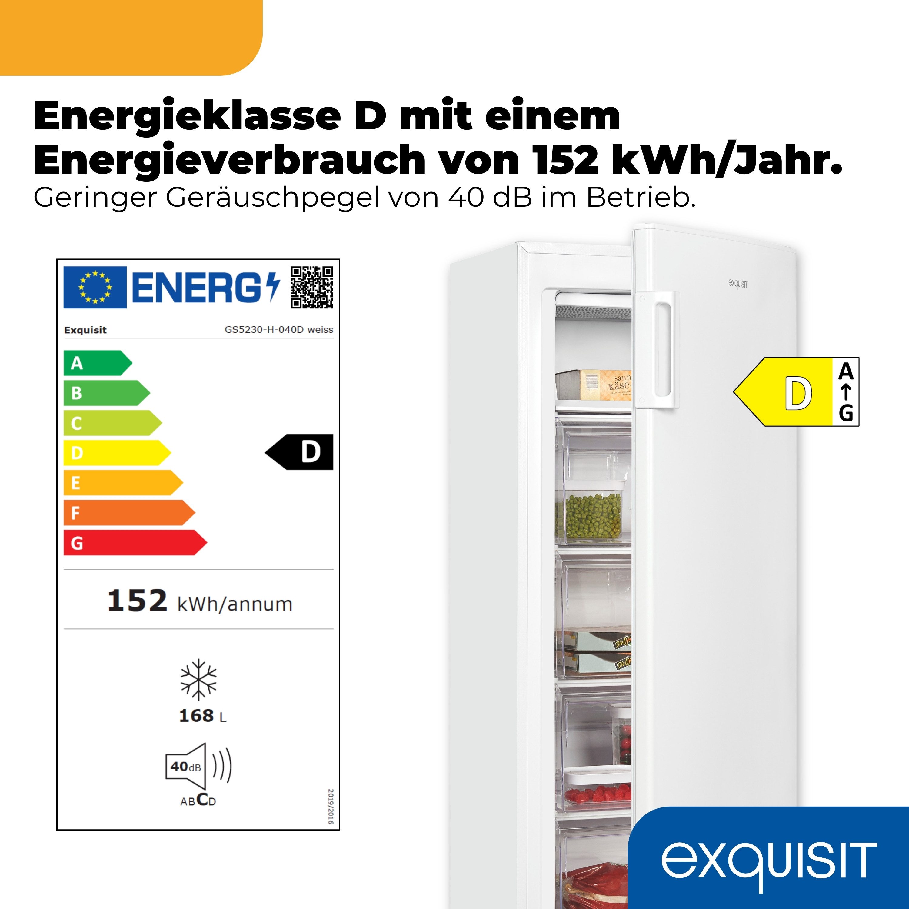 exquisit Gefrierschrank GS5230-H-040D, 142.6 cm hoch, 54.4 cm breit, 4* Gefrieren, Türanschlag wechselbar, Temperraturregelung