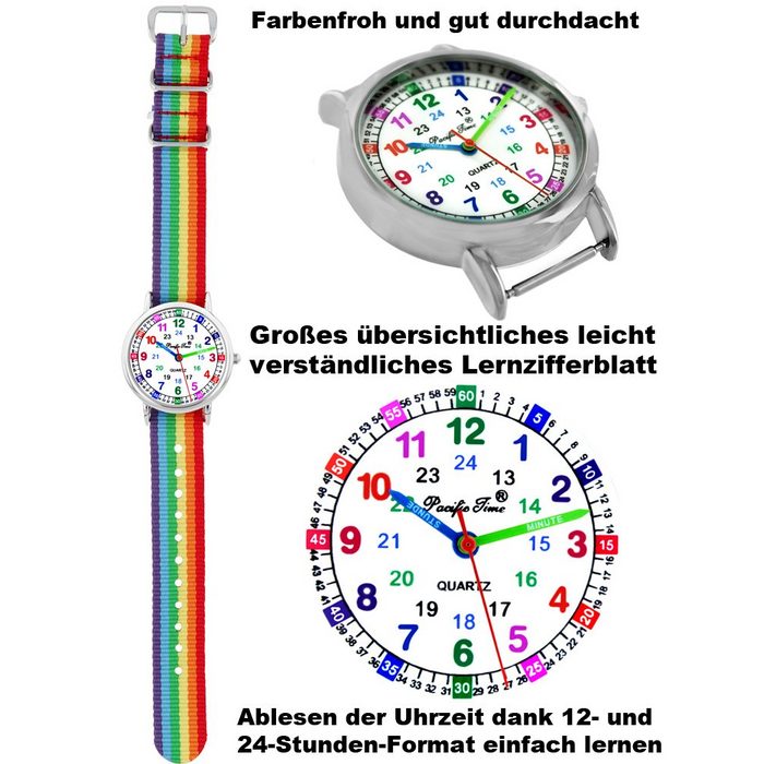 Pacific Time Quarzuhr Kinderuhr Armbanduhr Mädchen Lernuhr Wechselarmband Regenbogen + gelb reflektierend 11917 gelb reflektierendes Armband - Gratis Versand CQ10967