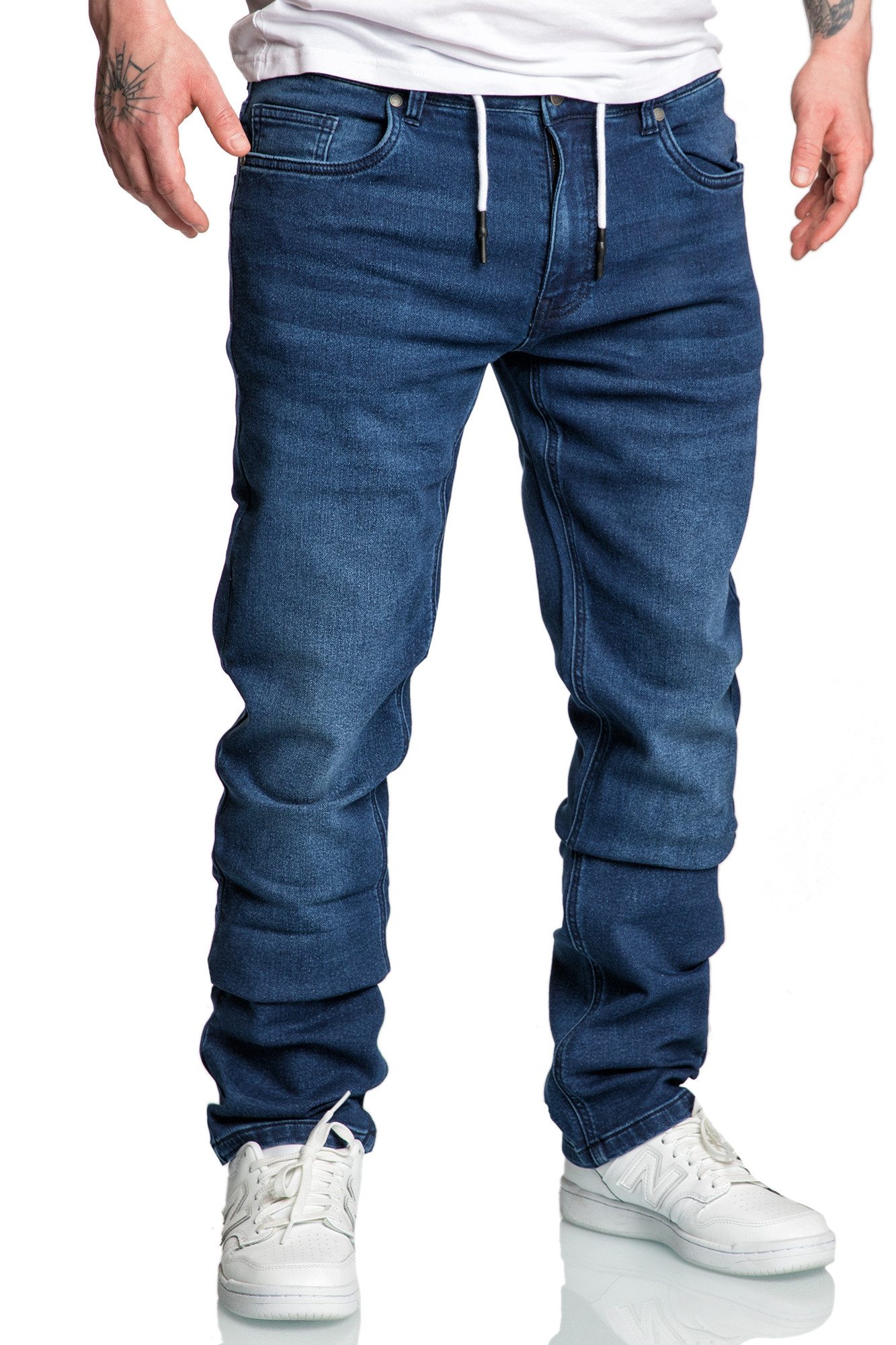 Amaci&Sons Straight-Jeans COPPELL Sweathose im Denim Look Herren Sweathose in Stretch Denim Basic Jeans Kordel – Bild 3 von 5