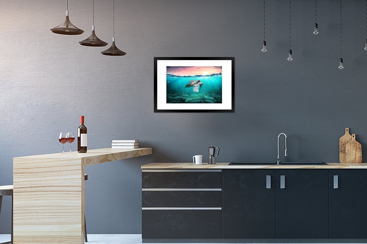 MuchoWow Poster Schildkröte - Meer - Sonne, (1 St), mit Rahmen, Kunstdruck, Gerahmtes Poster, Schwarzem Bilderrahmen
