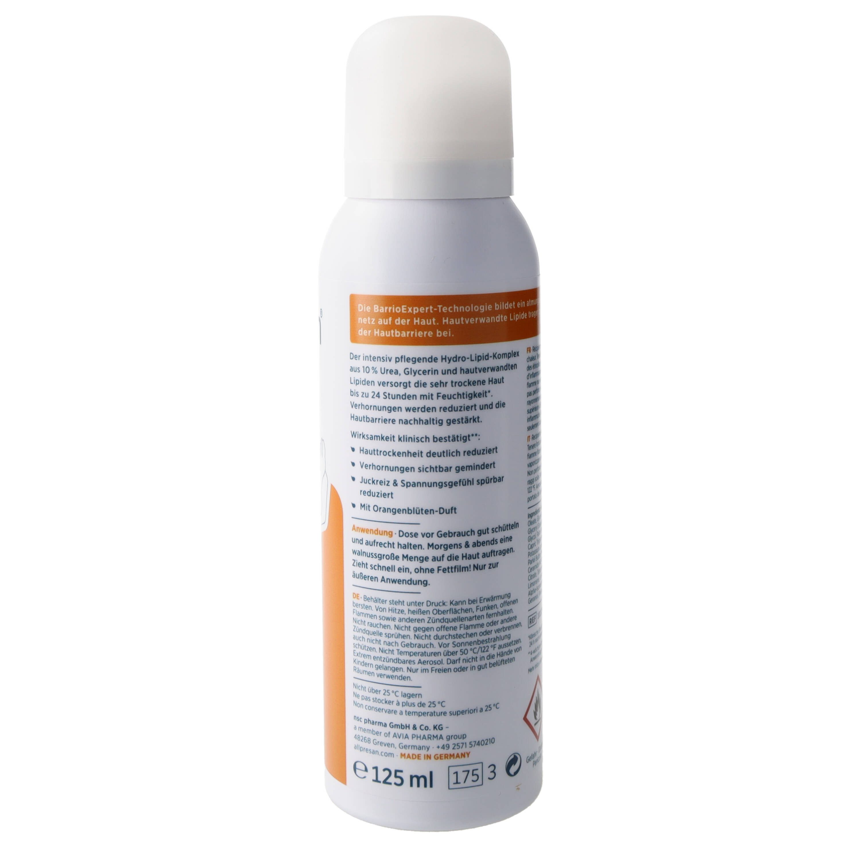 Allpresan Fußschaum Allpresan Fuß Schaumcreme Ltd. Edition Orangenblüte 125ml Für trockene Füße, 1-tlg., Duftende Pflege mit hautverwandten Lipiden, Glycerin & 10% Urea