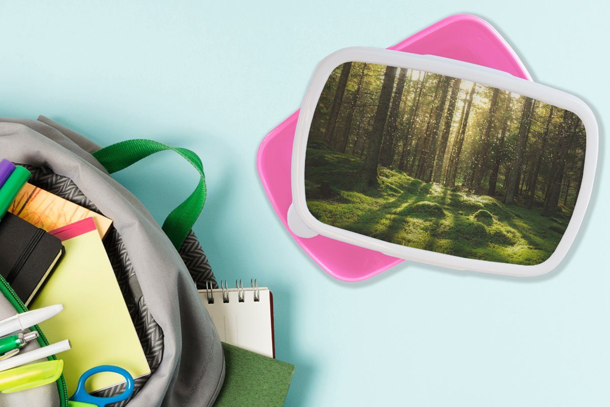 Pflanzen Kunststoff (2-tlg), Brotbox - Snackbox, - - Mädchen, Kunststoff, für MuchoWow - - Wald Kinder, Bäume rosa Brotdose Natur, Sonne Lunchbox Moos Erwachsene,