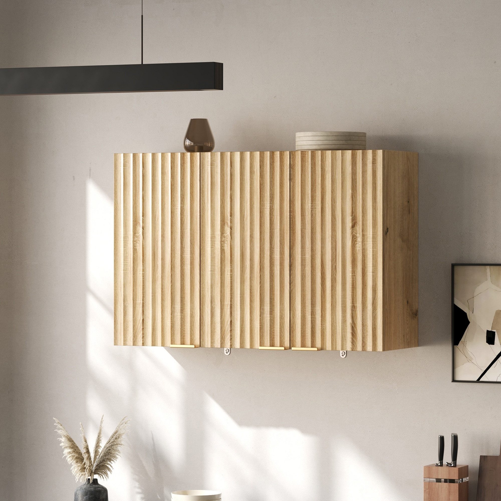 Flieks Hängeschrank Küchenschrank mit 3 Türen Wandschrank für Wohnzimmer, Badezimmer (B90×T29×T60 cm, 1-St) multifunktionaler Badkommode Wandmontage Mehrzweckschrank Natur