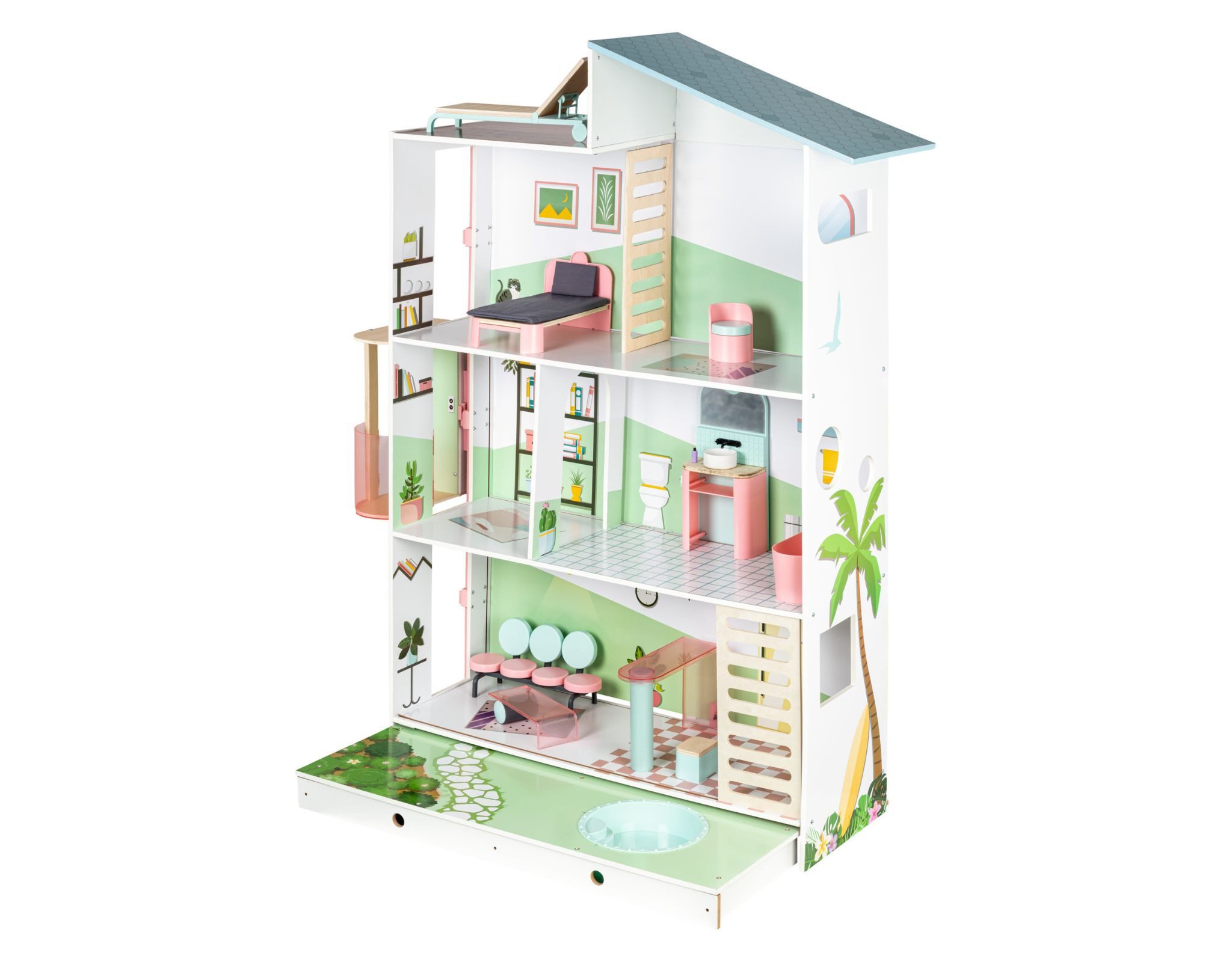 Playtive Puppenhaus Puppenvilla Kinder Puppenhaus 3 Etagen 13-teilig aus Holz ab 3 Jahren, (Set, 13-tlg), mit beweglichem Aufzug, inkl. Pool, Dachterasse und Vorgarten