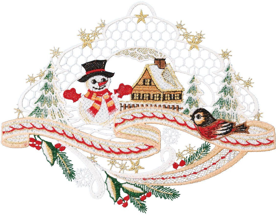 W. Reuter & Sohn - Plauener Spitze® Fensterbild Landschaft Schneemann, Made in Germany