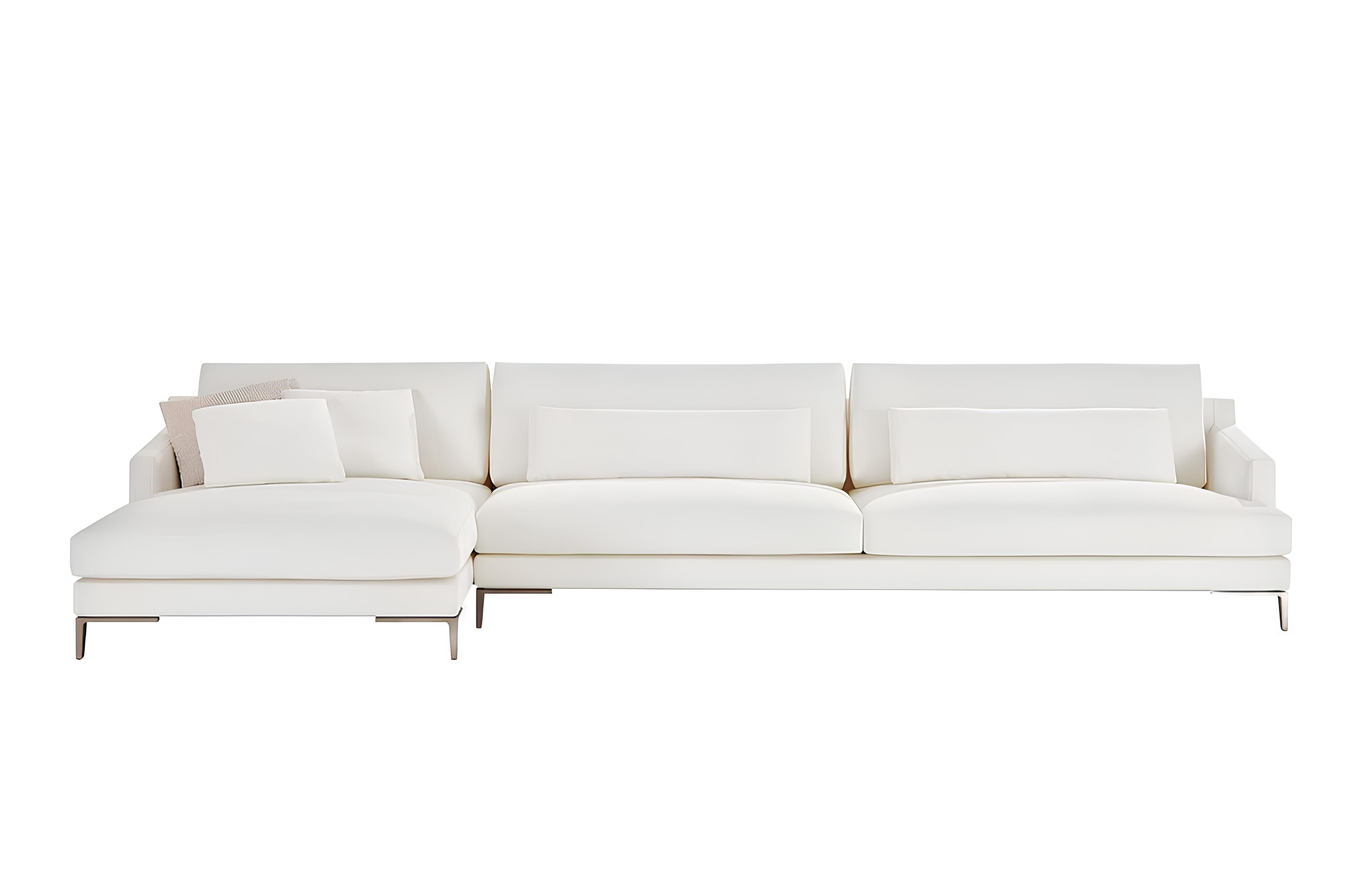 Ecksofa Eckcouch in Weiß aus Stoff mit Ottomane und Edelstahlfüßen