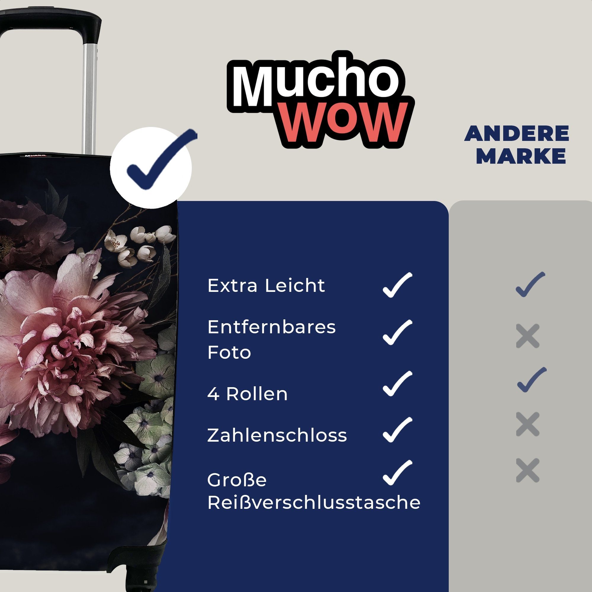 MuchoWow Handgepäckkoffer Blumen Handgepäck 4 Rollen, mit Vintage - für Reisetasche Schwarz Ferien, rollen, - - - Reisekoffer Blumenstrauß, Trolley, Pastell