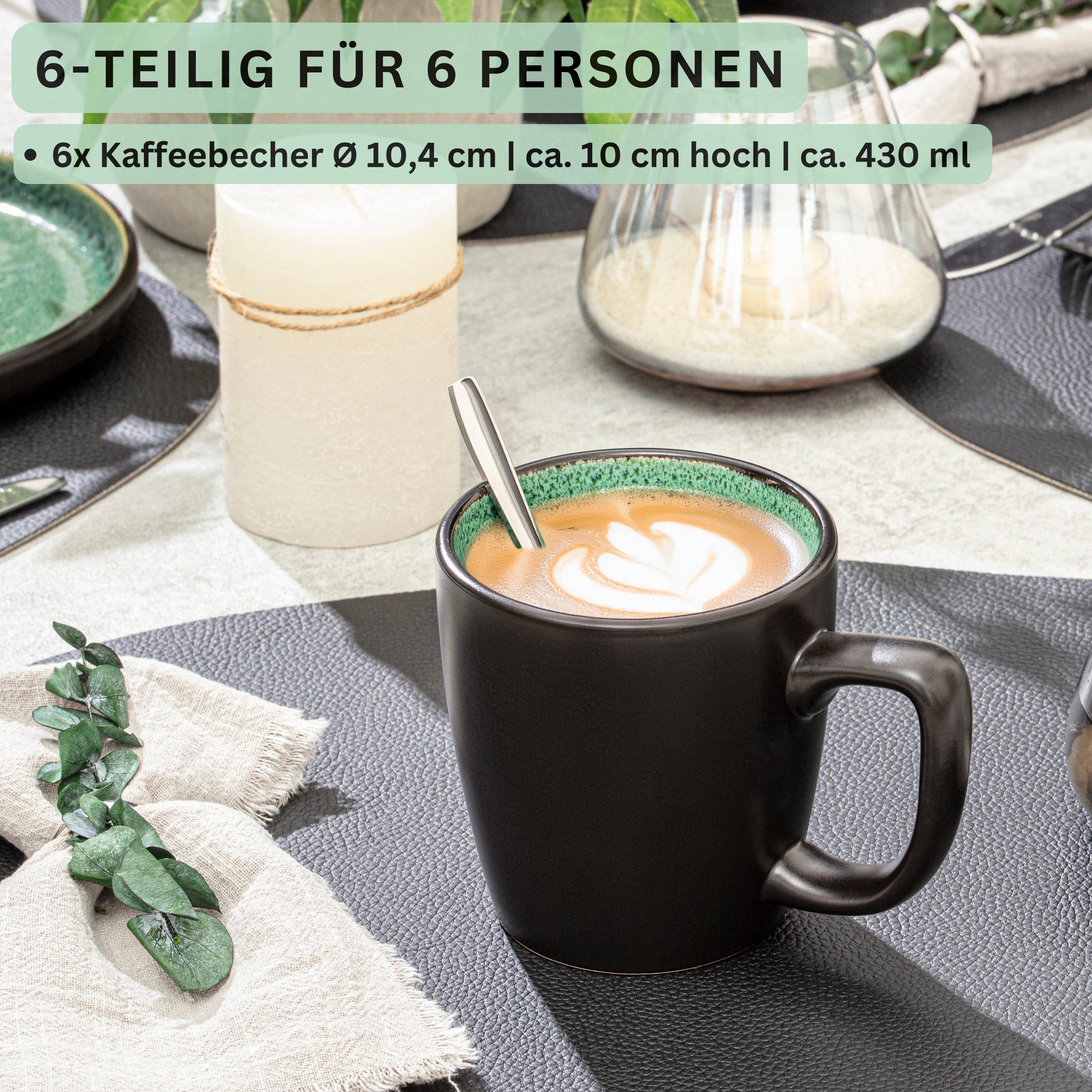 SÄNGER Becher Greenwich Grün Schwarz, 6-tlg., Steingut, 6 tlg. Kaffeebecher Set, 430 ml, VALUE COLLECTION