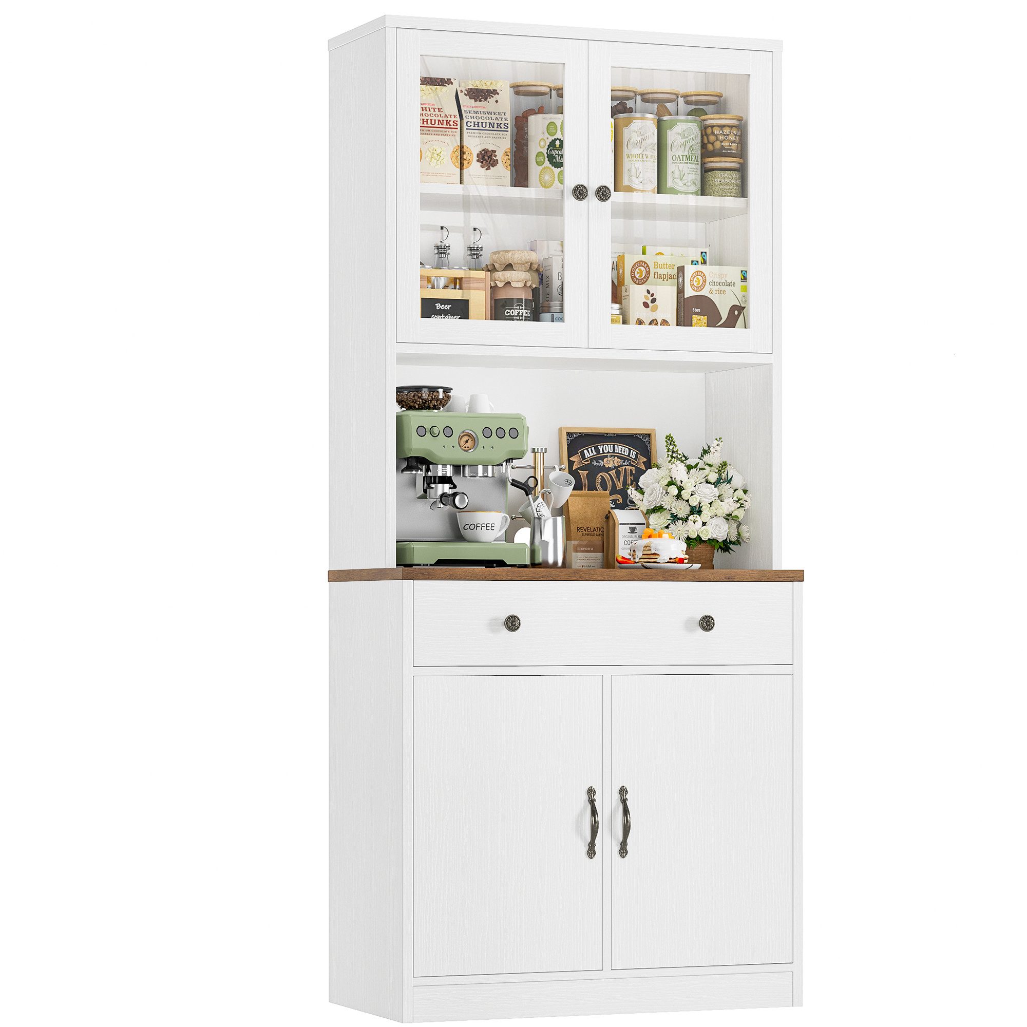 HOMECHO Küchenbuffet 180cm Küchenschrank Weiß mit Arbeitsplatte, 4 Türen, 2 Schubladen