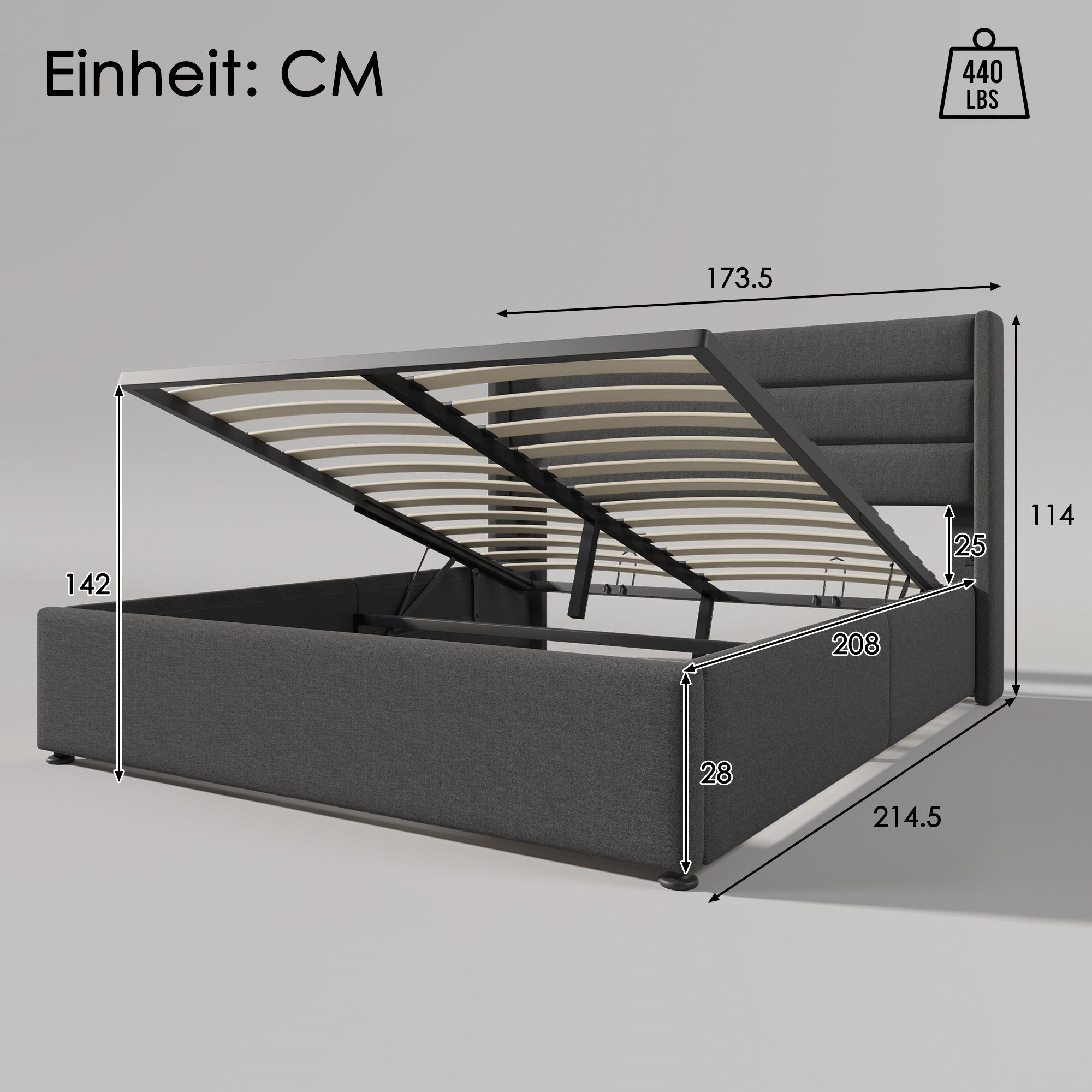 Boxspringbett (Funktionsbett, Doppelbett Hydraulisches Bett mit Lattenrost), Polsterbett Stauraumbett 160x200 cm, Lattenrost aus Holz, Leinen