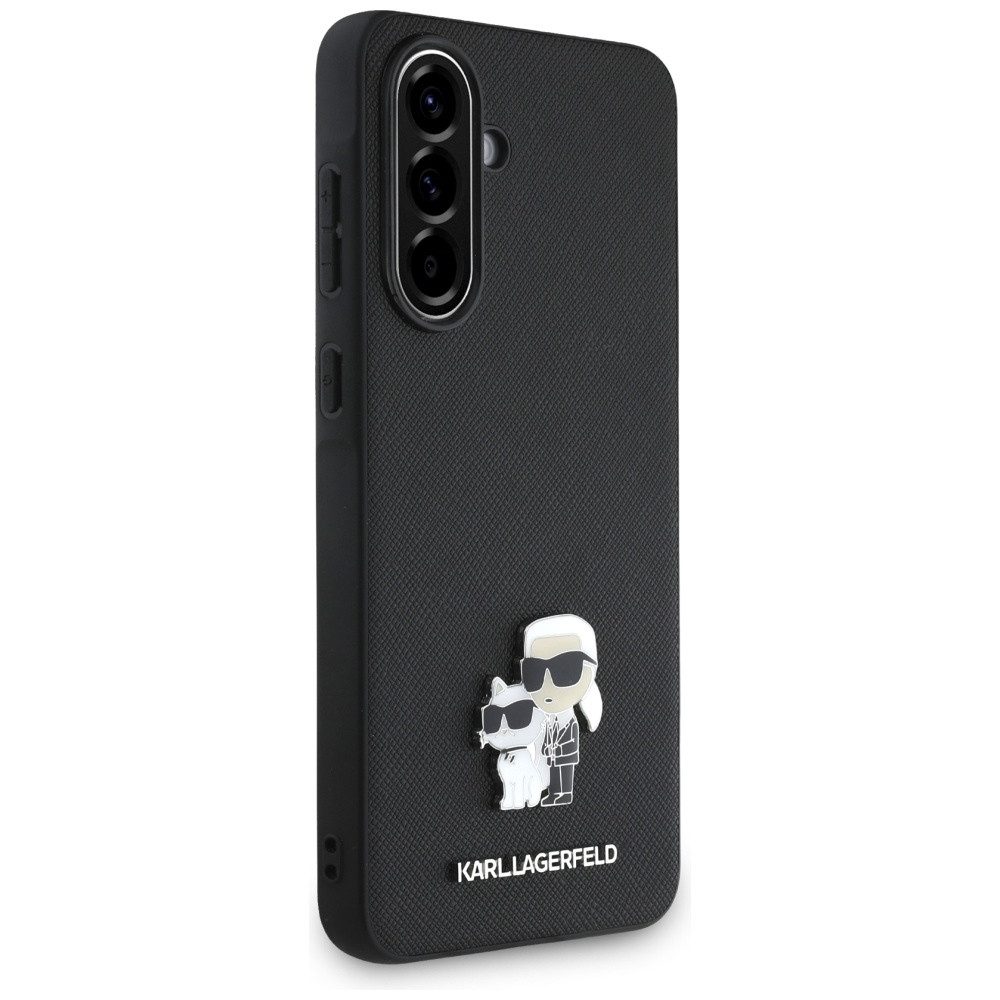 KARL LAGERFELD Handyhülle Galaxy A36 Kunstleder geriffelt schwarz Figuren Logo Metall 6,7 Zoll, Kantenschutz