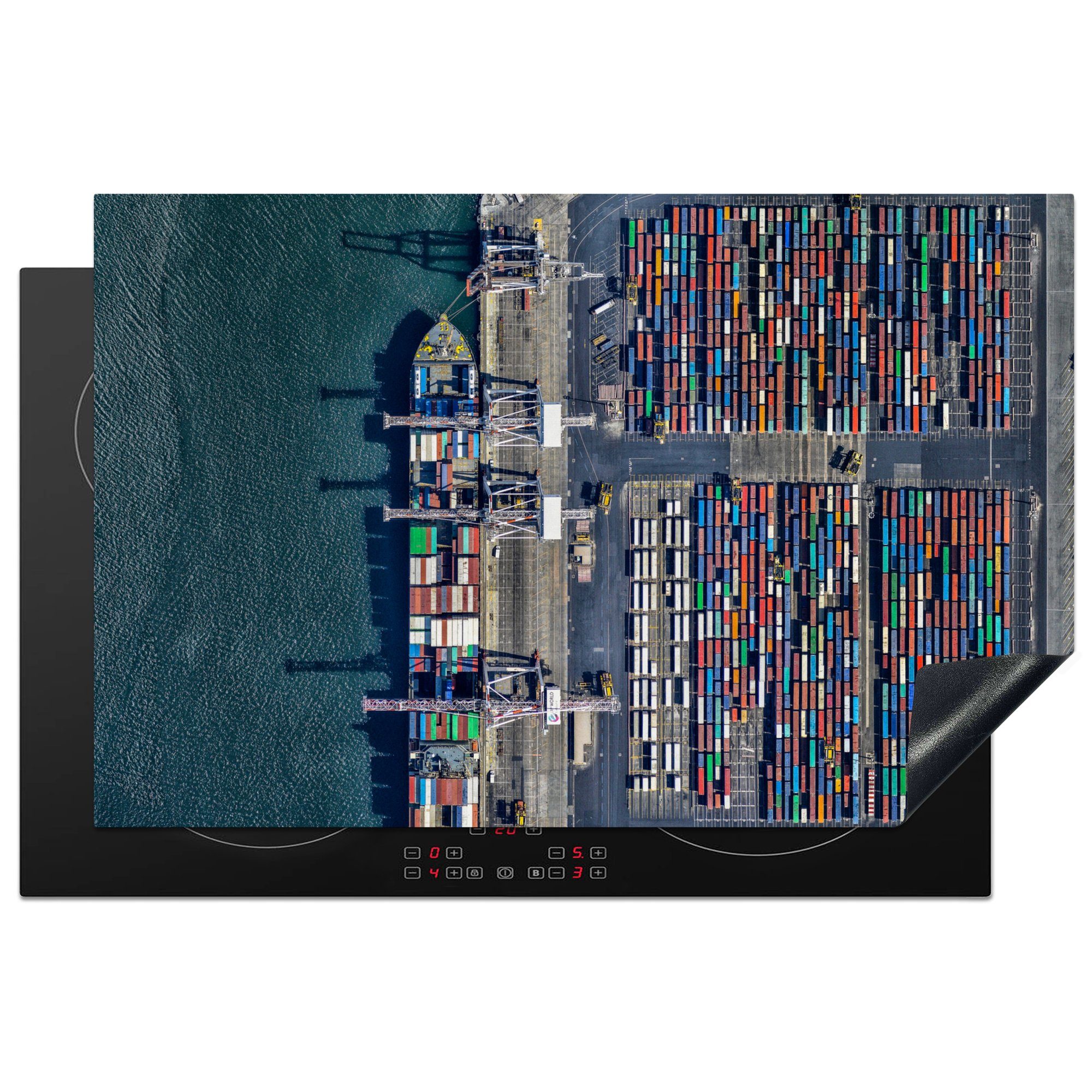 MuchoWow Herdblende-/Abdeckplatte Containerschiff in Australien aus der Vogelperspektive, Vinyl, (1 tlg), 81x52 cm, Induktionskochfeld Schutz für die küche, Ceranfeldabdeckung