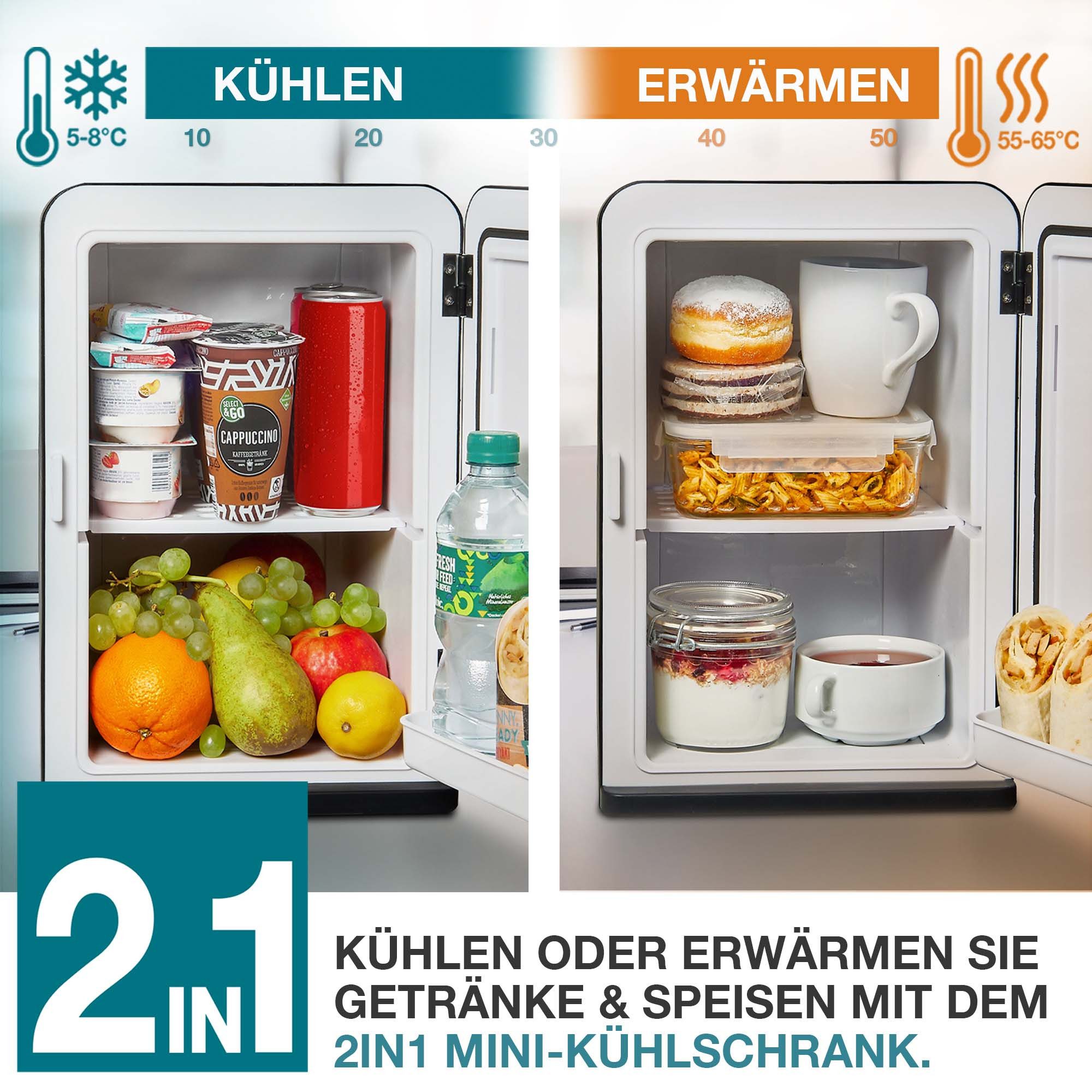 TOM Kühlbox 2in1 Mini Kühlschrank inklusive 4 Trinkbecher, 15 l, 12V, 230V, kühlen & erwärmen