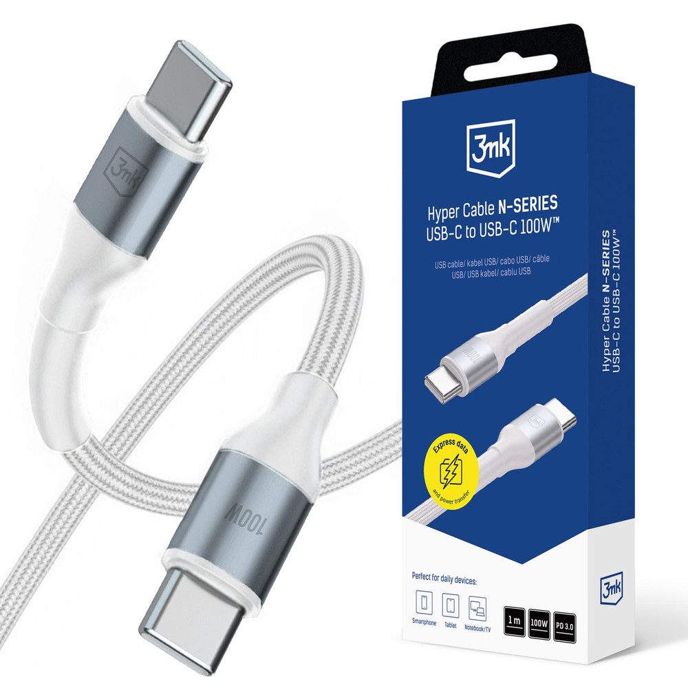 3MK Schnellladekabel Datenkabel Anschlusskabel USB-Kabel, USB-C, USB-C (100.0 cm), 100 W Power Delivery, Nylongeflecht, Aluminiumstecker