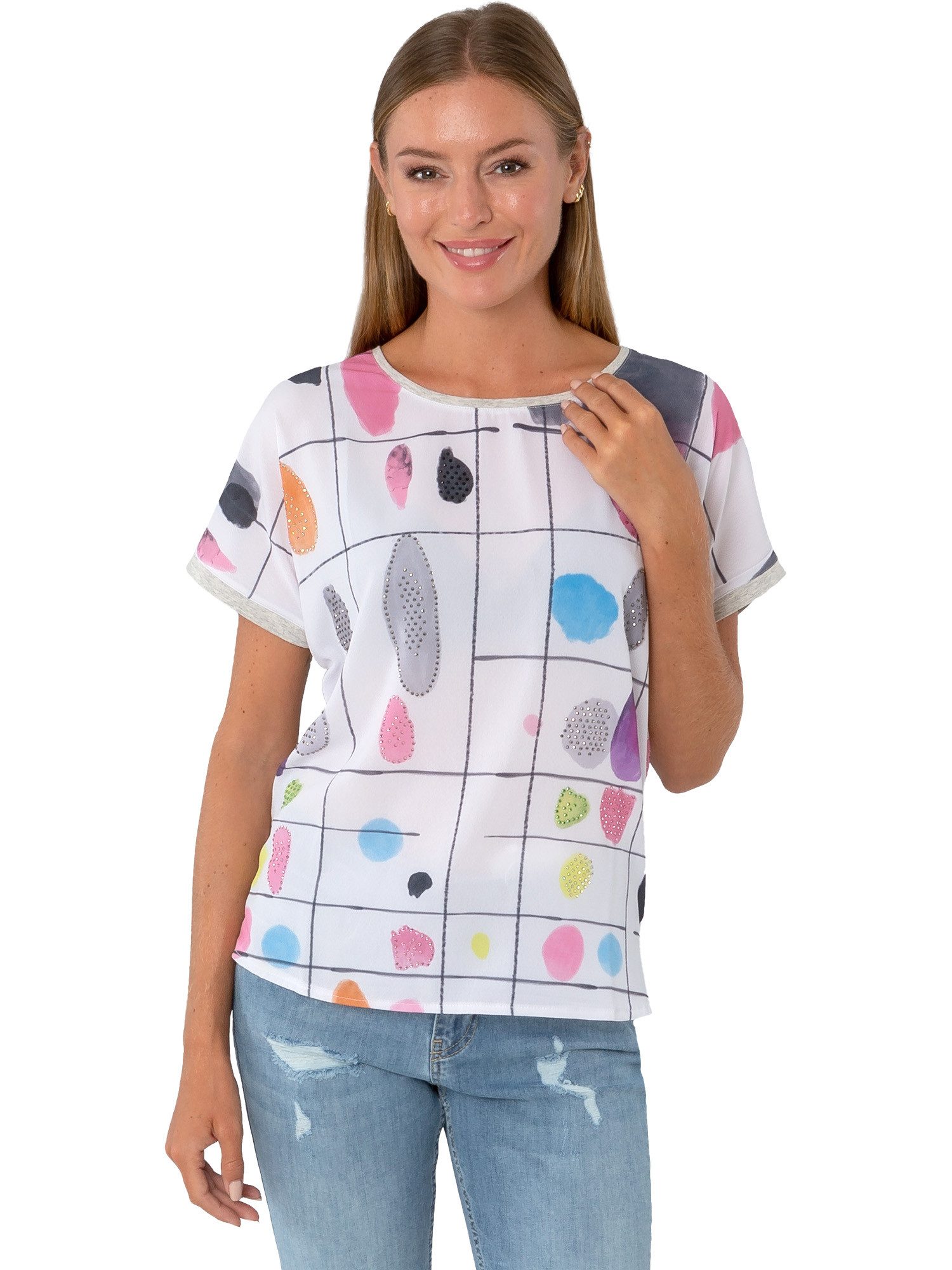 Estefania for woman Rundhalsshirt 194-1218, mit Farbklecksen und Strassbesatz überschnittene Ärmel