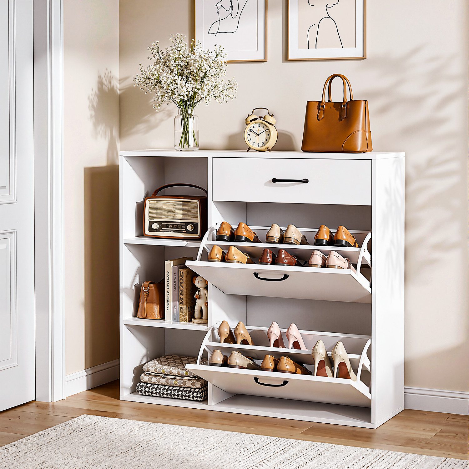 oyajia Schuhschrank Schuhkommode mit 2 Klappen,1 Schublade und 3 Ablagefächer (Schuhkommode Schuhkipper Schuhregal für 12 Paar, B 80 x H 90x T 30 cm)