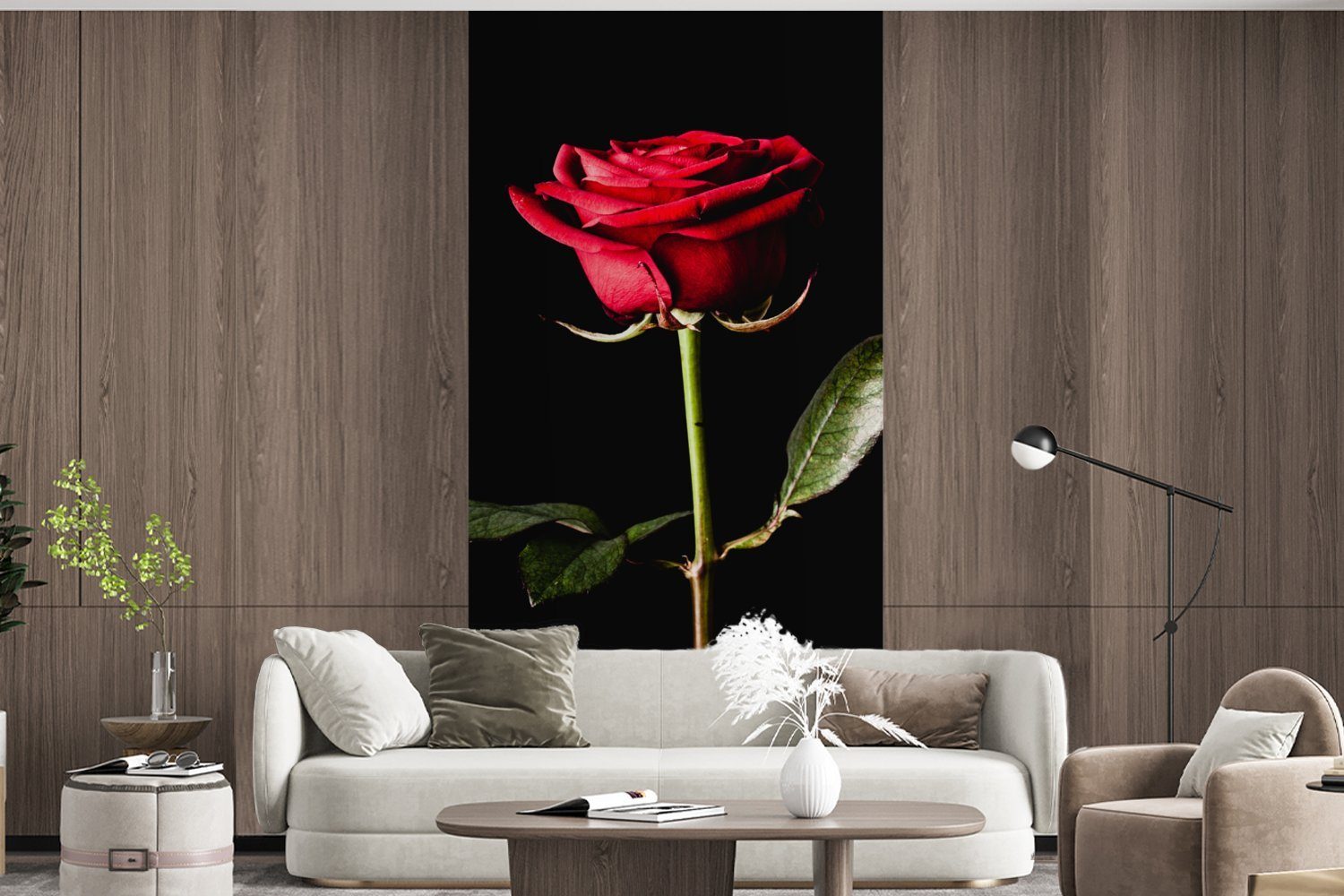 Fototapete Schlafzimmer Hintergrund, schwarzem Matt, für Küche, auf Fototapete Vliestapete MuchoWow Eine rote (2 St), Rose bedruckt, Wohnzimmer
