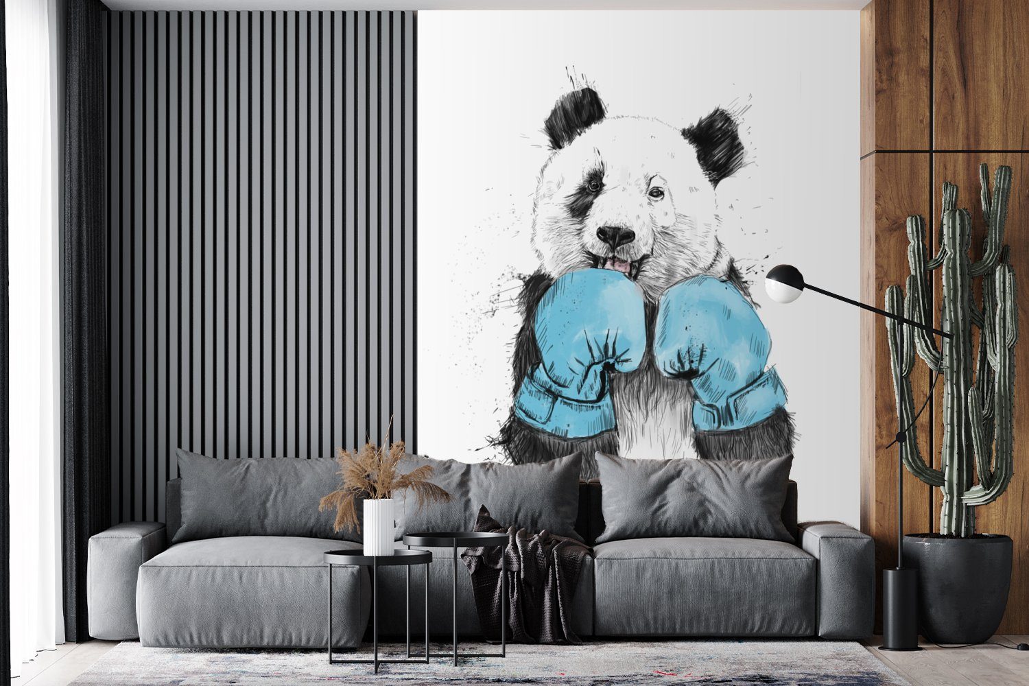 MuchoWow Tapete (4 bedruckt, Vinyl Montagefertig Blau, Matt, Wohnzimmer, - St), - Wandtapete Fototapete Panda Boxhandschuh für