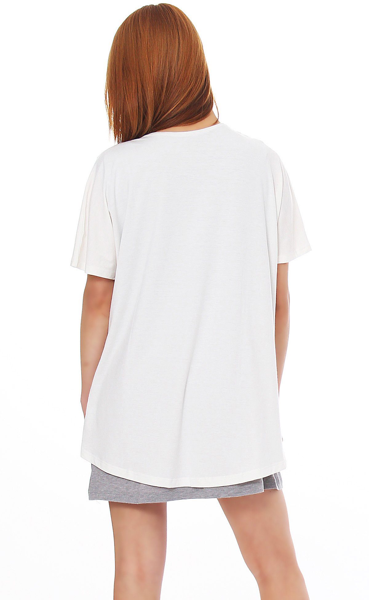 Mississhop 2-in-1-Shirt Damen Bluse Kurzarmshirt Longshirt Grau Kleid Kreme T-Shirt Oberteil 