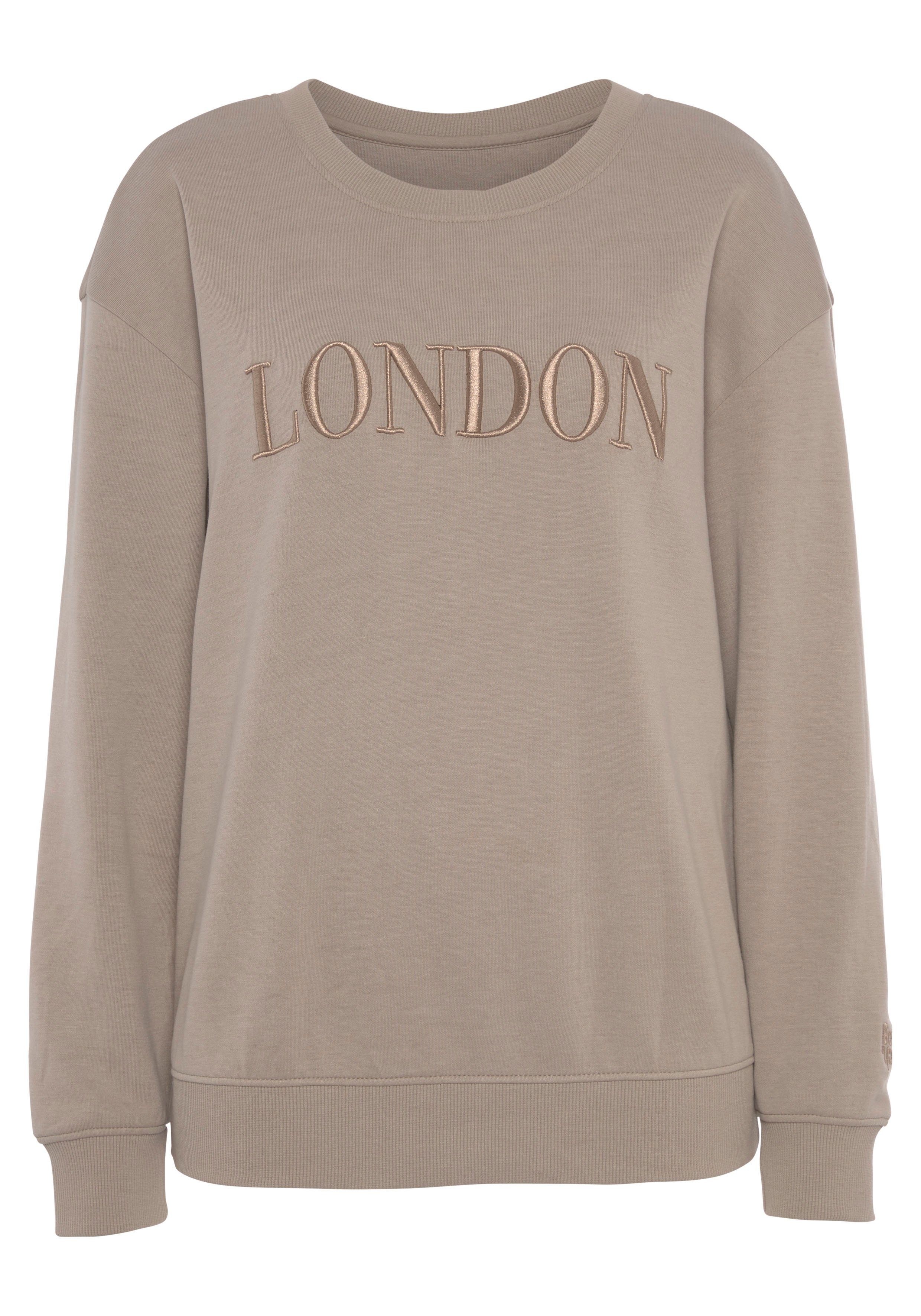 Stickerei, -Loungeshirt Vivance Loungeanzug, Loungewear Sweatshirt taupe mit London
