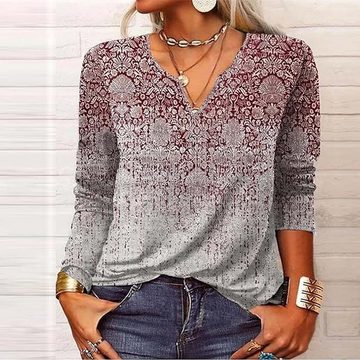 FIDDY Carmenbluse Longsleeve, Rundhals Langarm T-Shirt Bedruckt Casual Longshirt Sports