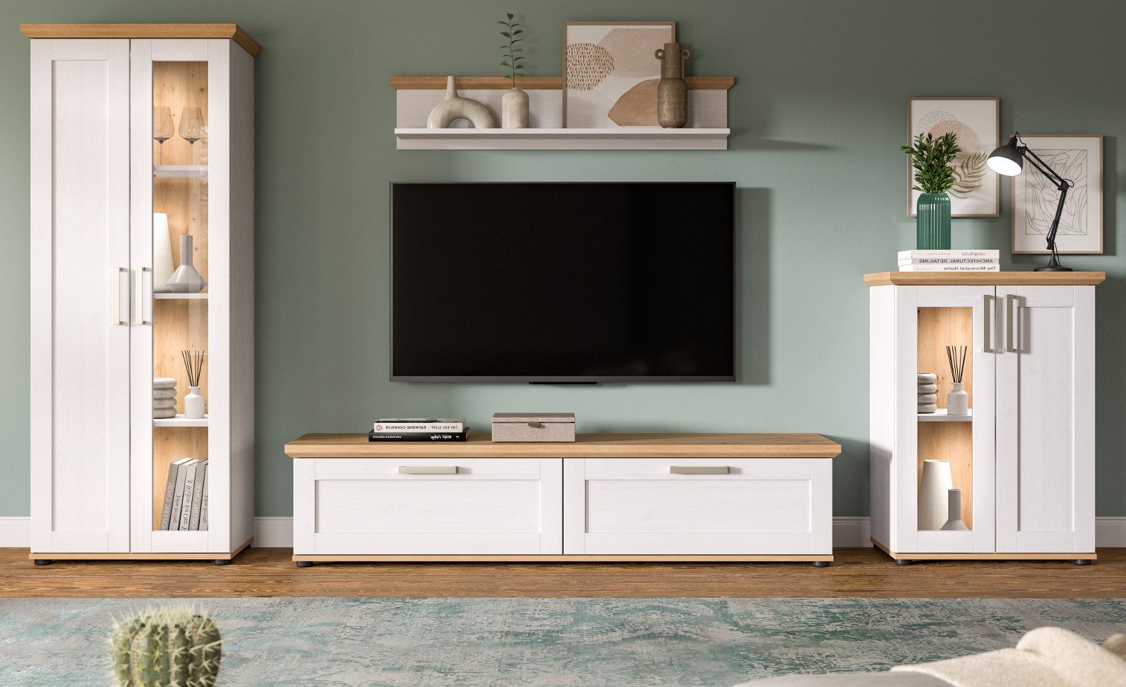 Inn.Furn Wohnwand Mirano, (in weiß Lärche Landhaus und Eiche Artisan, 4-teilig, 316 x 161 cm), mit viel Stauraum, verschiedene Stellmöglichkeiten