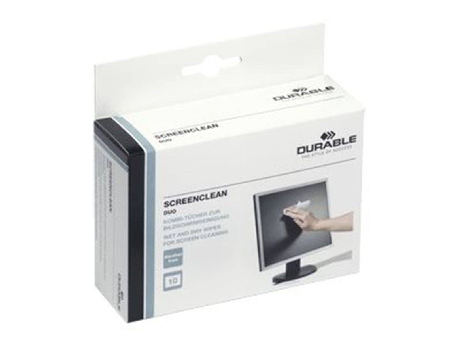 DURABLE Durable Screenclean DUO Reinigungstücher – Nass & Trocken für Displays Bildschirmreinigungstuch (11x8 cm, 10-tlg., 10 x feuchte und trockene Tücher)