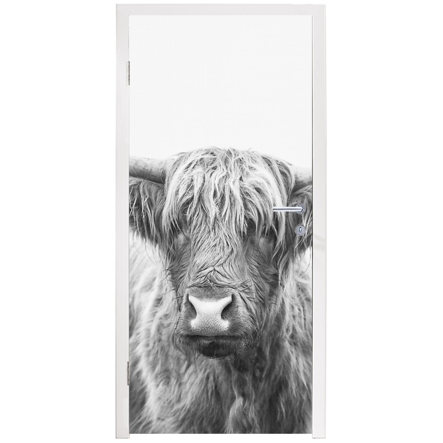 75x205 Matt, MuchoWow bedruckt, cm Tür, weiß, Tiere Schwarz St), - Hörner Highlander Türaufkleber, - - Schottischer Türtapete Fototapete für (1 und