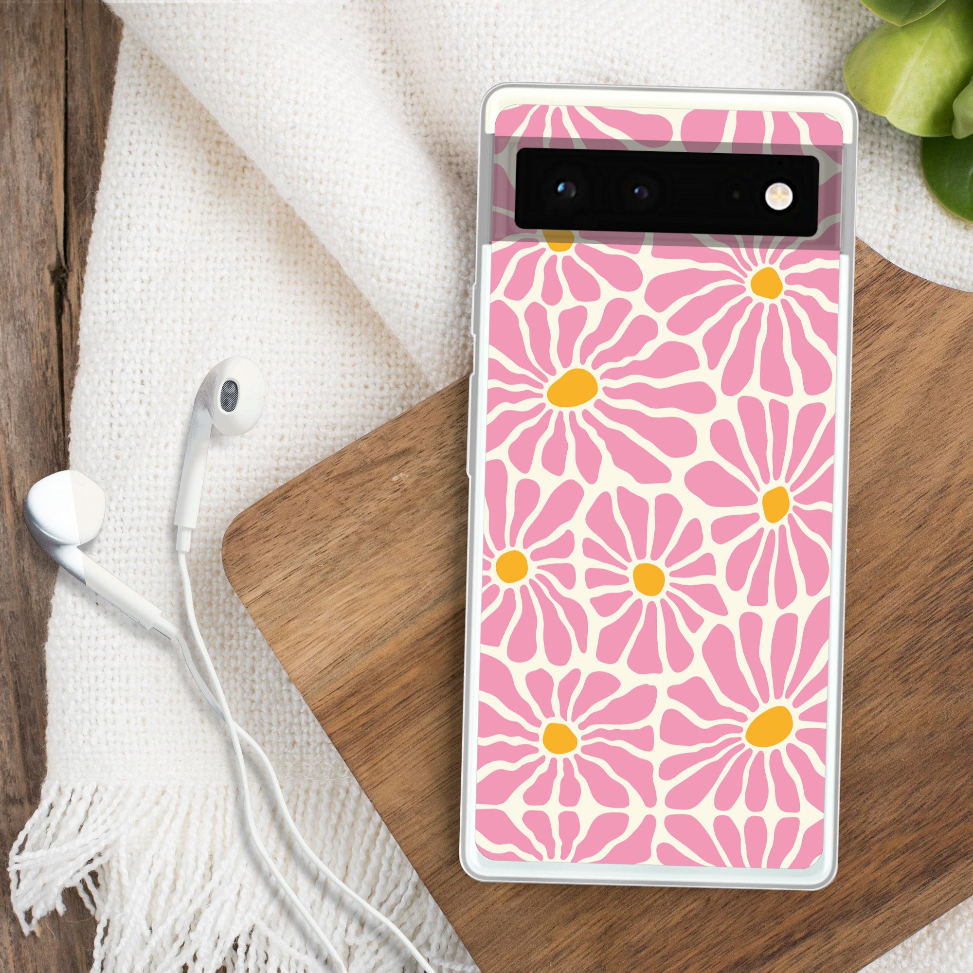 MuchoWow Handyhülle für Google Pixel 6 Blumen - Muster - Rosa - Beige - Orange, Handy Case, Silikon, Bumper Case Dünn