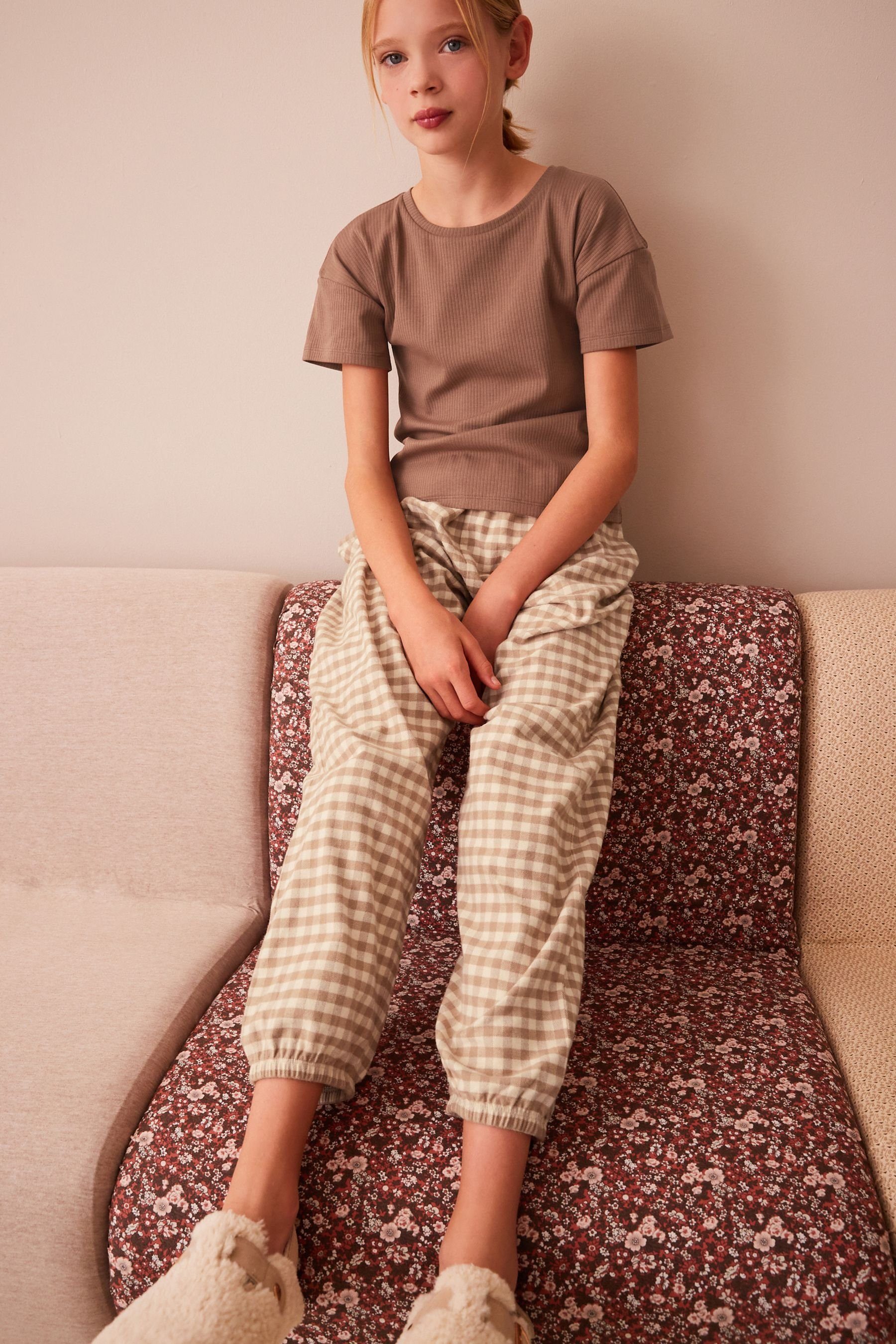 Next Pyjama Jogger Schlafanzug (2 Gingham Brown/Cream tlg)