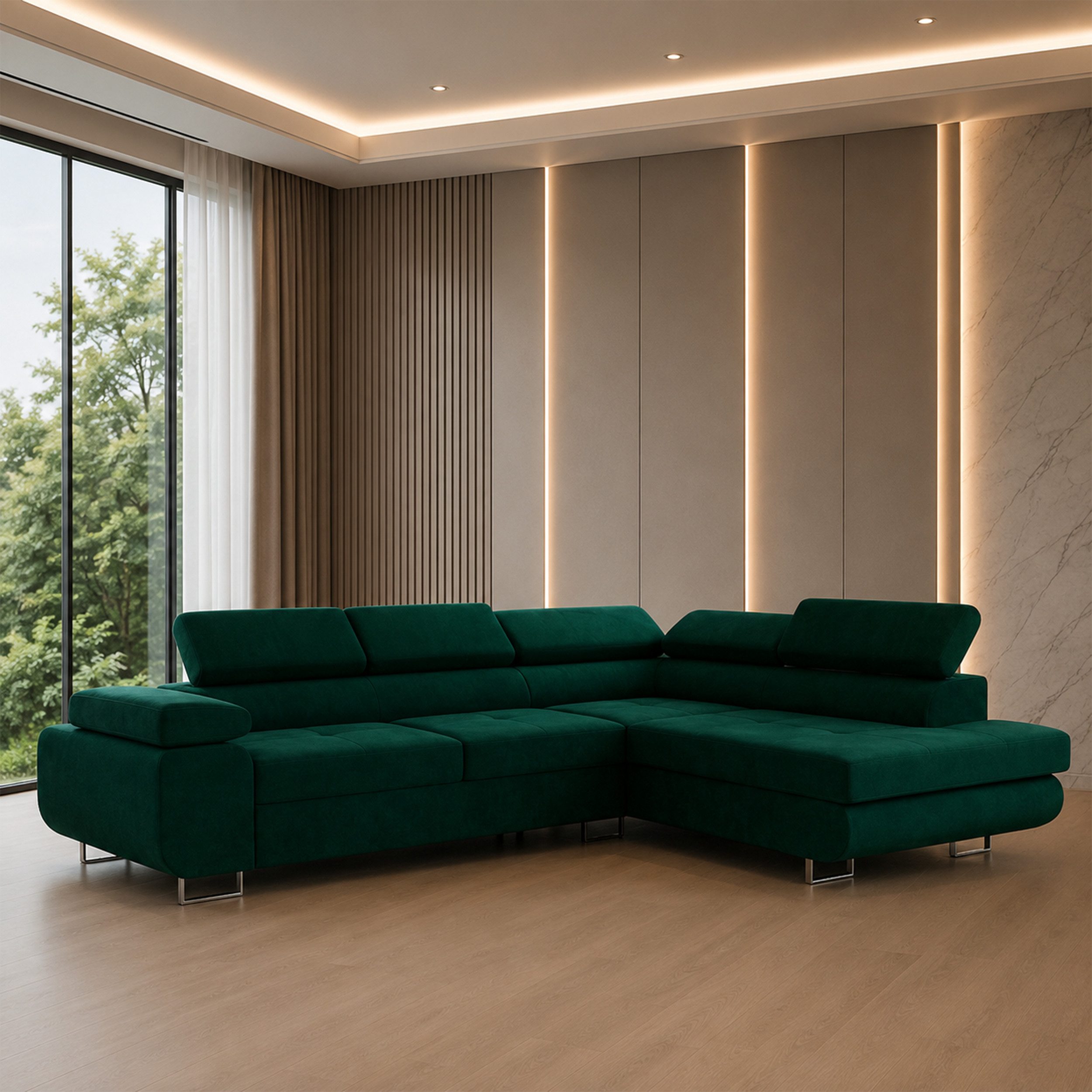 Goldstoff Ecksofa mit Schlaffunktion - Designersofa, Sofa mit Bettfunktion & Bettkasten, Schlafsofa RIVIA, multifunktionale Couch mit verstellbaren Kopfstützen in dunkelgrün