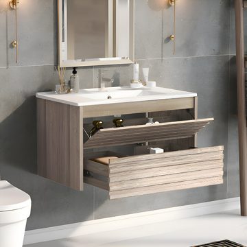 HIYORI Waschbeckenunterschrank Waschbeckenunterschrank hängend 76cm Breit mit Keramikwaschbecken mit Schubladen modernes Design
