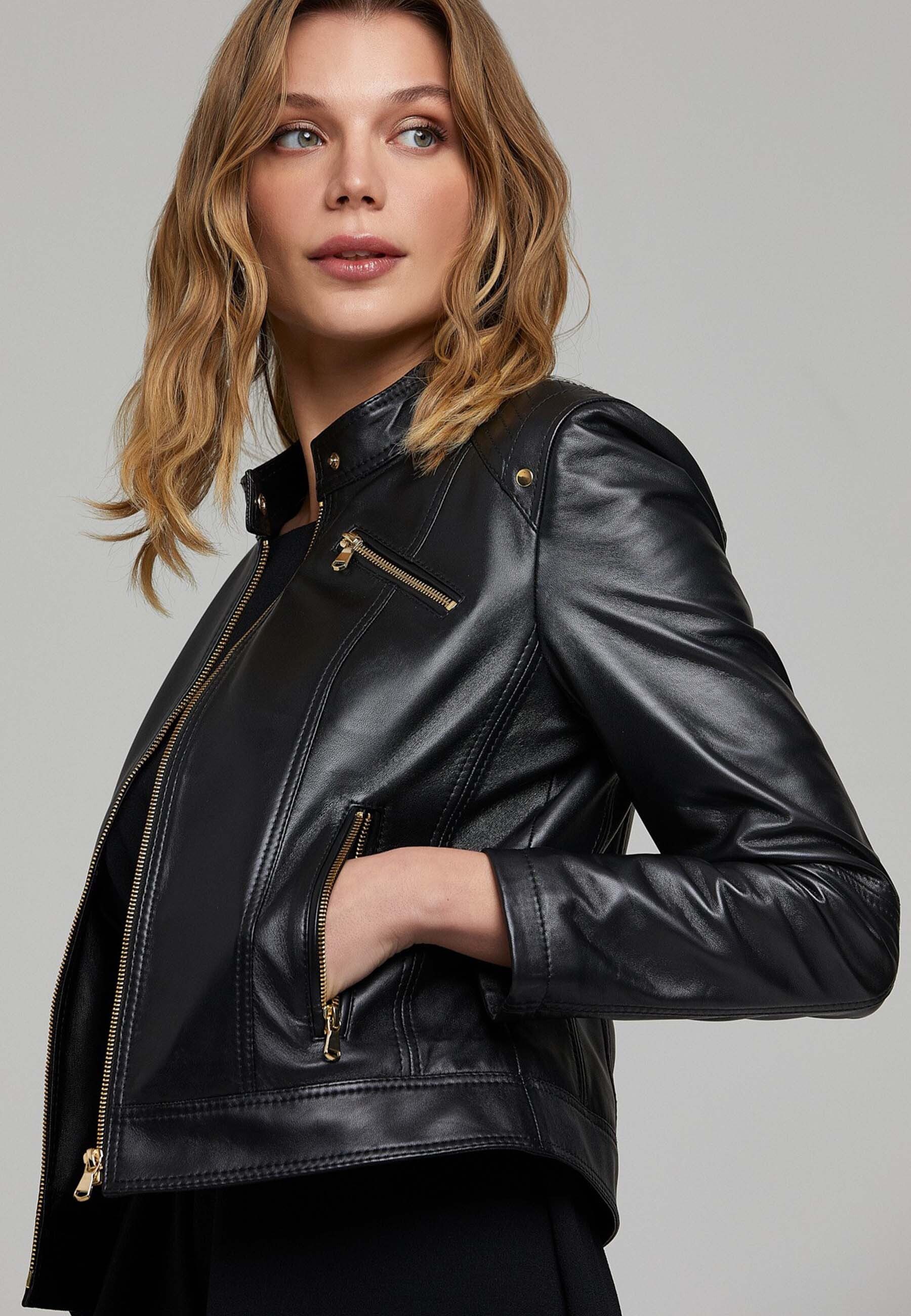 Derimod Lederjacke Sonia Kurze Lederjacke Regular Fit, Reißverschluss, Stehkragen, Normale Länge, Textilfutter