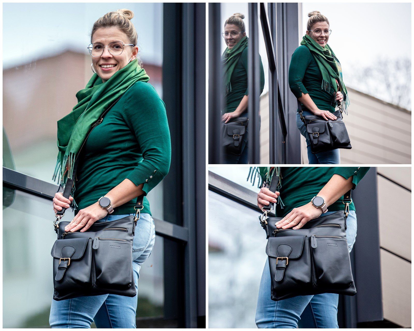LECONI Umhängetasche Schultertasche Ledertasche Leder LE3084, aufgesetzte Außentaschen – abnehmbarer Schulterriemen – 29×32×5 cm