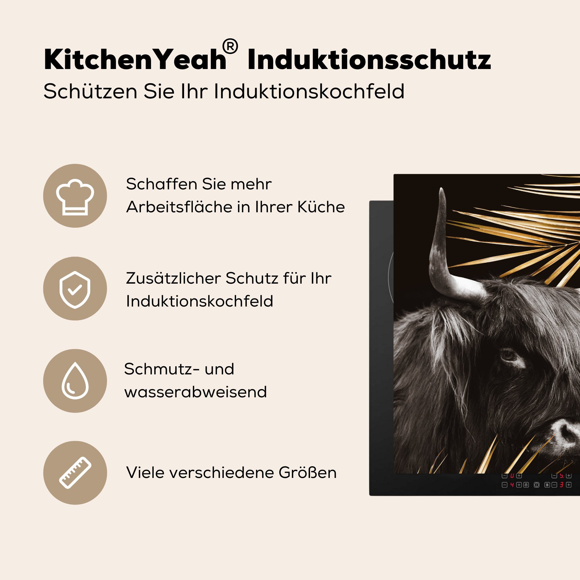 Arbeitsplatte 78x78 - Gold küche MuchoWow - Highlander Vinyl, Herdblende-/Abdeckplatte Schottischer cm, für tlg), (1 Farn, Ceranfeldabdeckung,