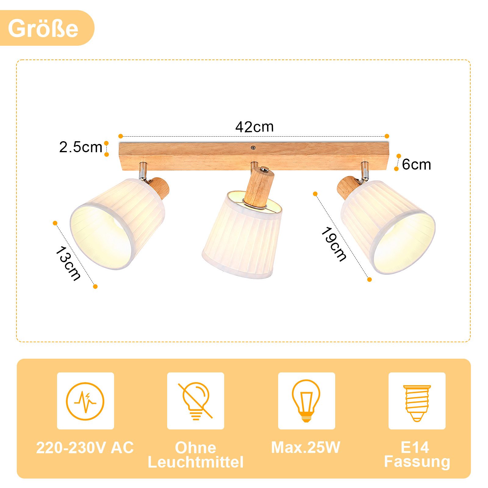 Nettlife Deckenstrahler Retro 1/2/3/4Flammig Holz Deckenleuchte E14 Vintage Boho Deckenspots, Schwenkbar 350°, ohne Leuchtmittel, für Wohnzimmer Schlafzimmer Kü – Bild 3 von 5