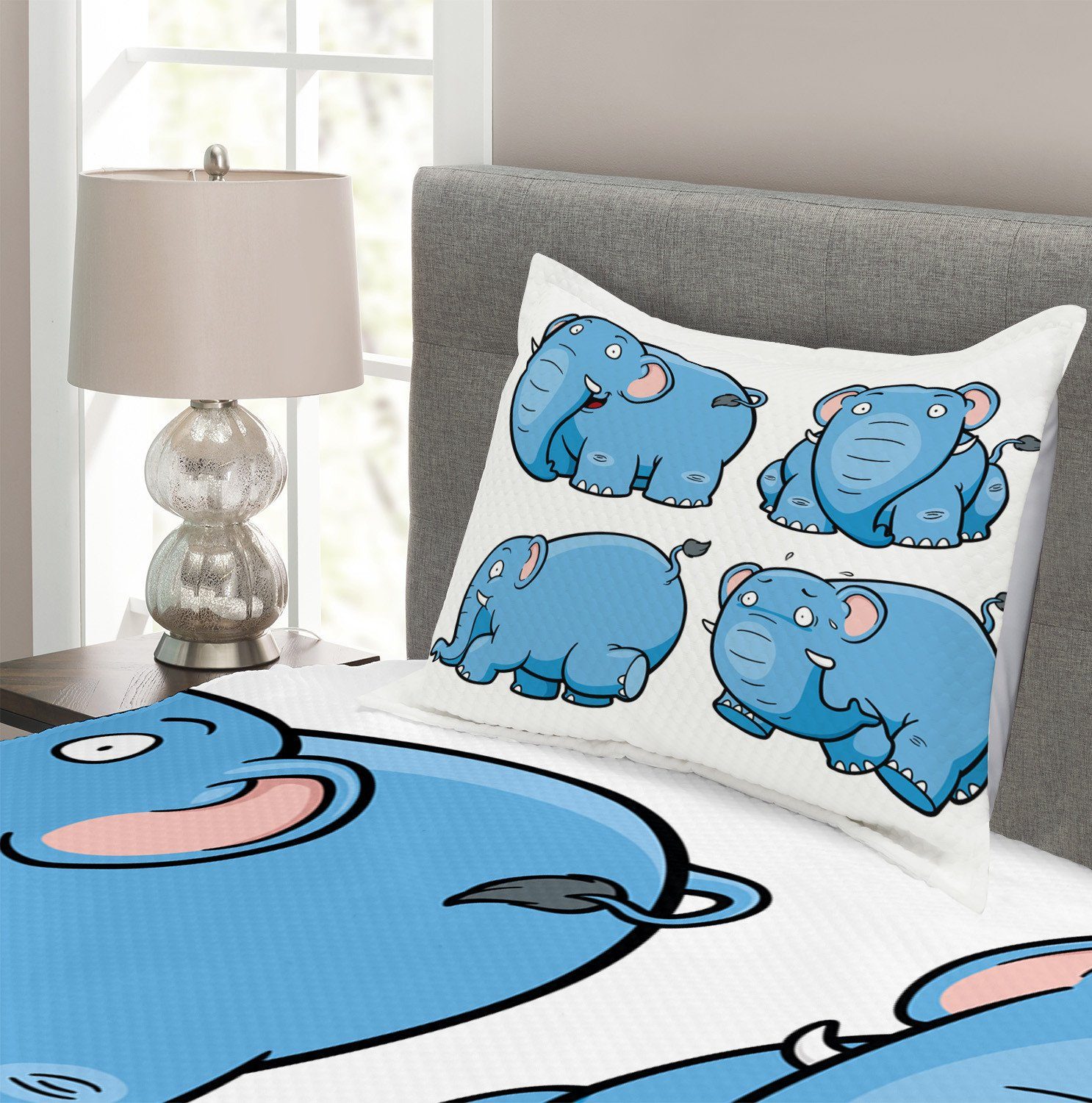 Cartoon Tagesdecke Set Abakuhaus, mit Waschbar, Kissenbezügen Elefanten Kids
