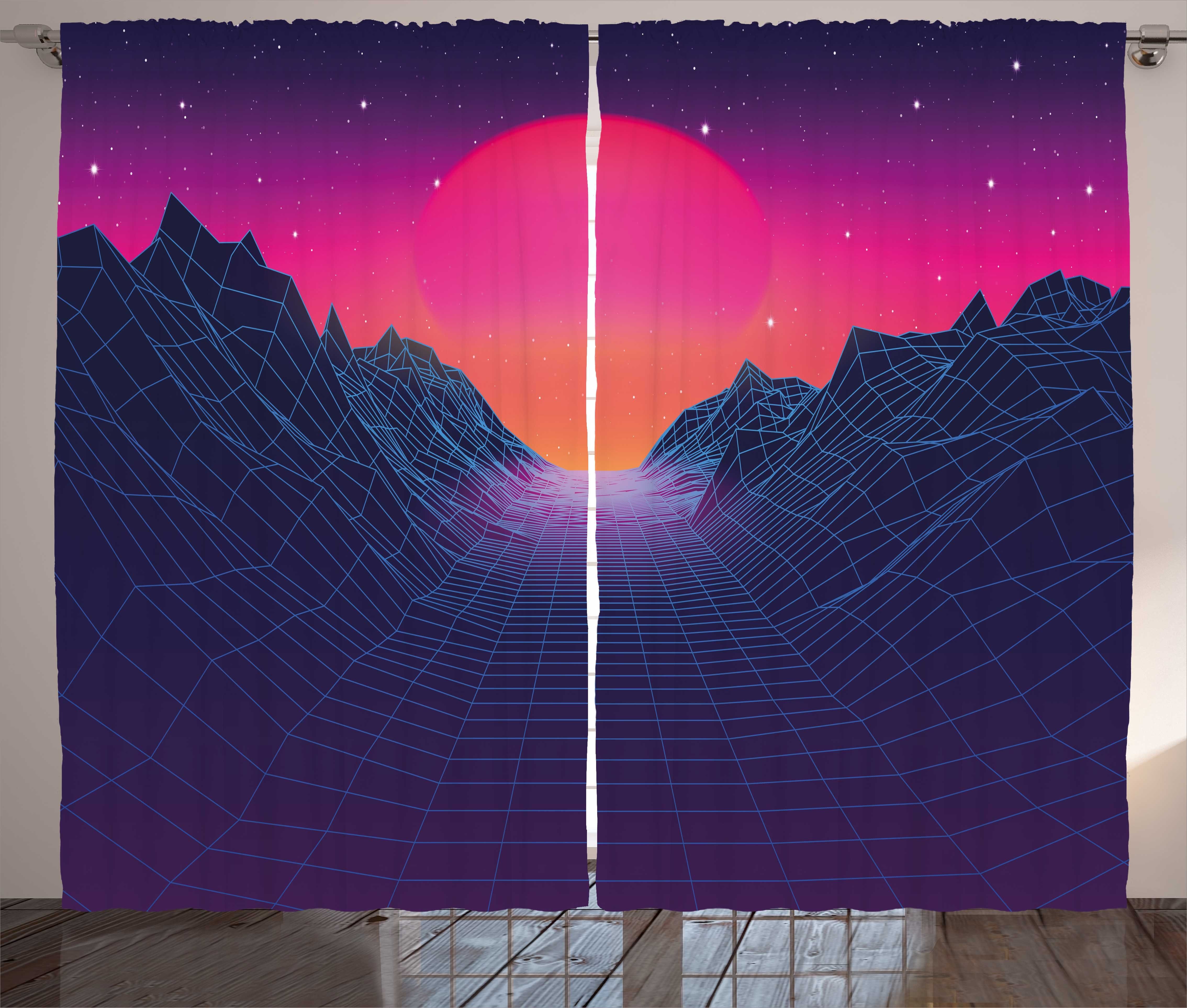 Schlafzimmer Synthwave Gardine Mountains Vorhang Haken, Raster Kräuselband mit Sun Schlaufen 80er und Abakuhaus,