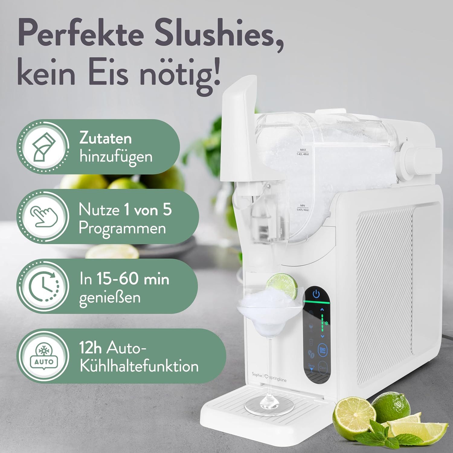 Springlane Slush-Eismaschine Sophie, 5-in-1 Slushmaker, 1,2 Liter, Quickfreeze, Rezeptbuch, Geräuscharm, Selbstreinigung, einstellbare Konsistenz, 12h kühlhalten