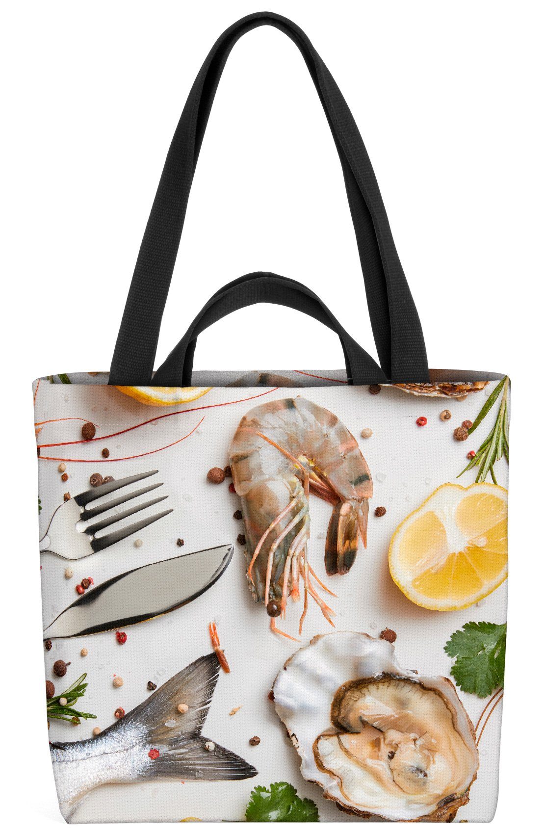 VOID Henkeltasche (1-tlg), Fisch Muscheln Shrimps Fisch Besteck Essen Roh Italien Meeresfrüchte