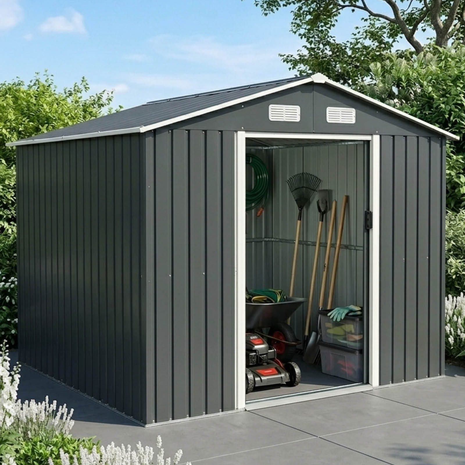 BRAST Gartenhaus Gerätehaus Geräteschuppen Metall, TÜV geprüft, viele Größen, BxT: 235x131 cm, mit Satteldach & Doppelschiebetür, wetterfest wasserdicht