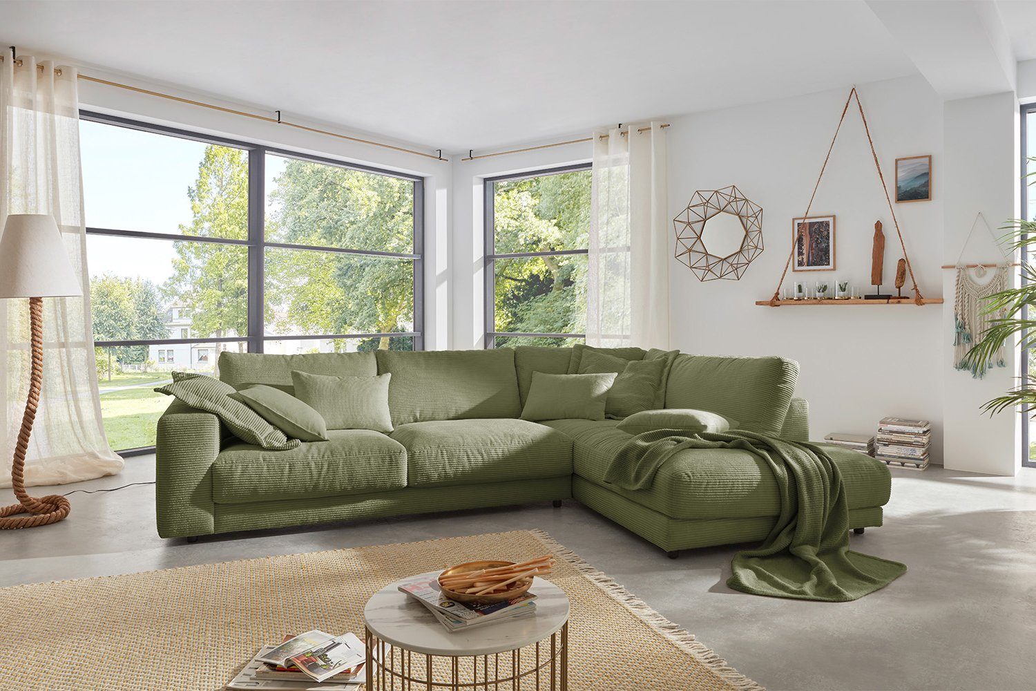 KAWOLA Ecksofa MADELINE, Cord, od. Farben Sofa links, olivgrün Recamiere rechts versch