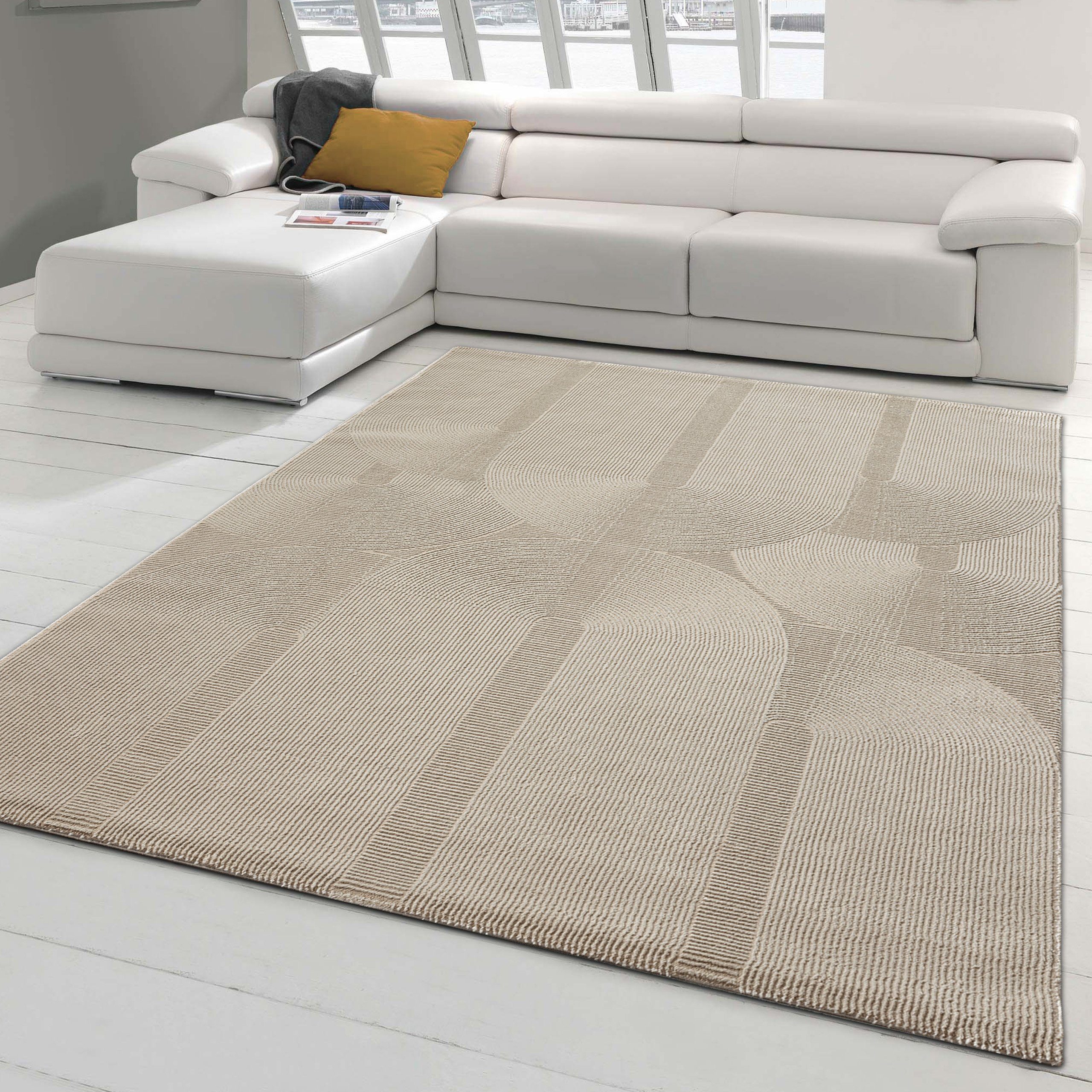 Teppich Recycle Teppich mit modernen ovalen Formen liniert in beige, Teppich-Traum, rechteckig, Höhe: 12 mm