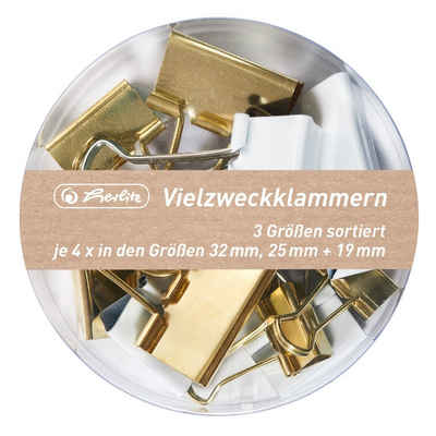 Herlitz Büroklammer 12x Vielzweckklammern Klammern Metall Gold/Weiß, Pure Glam Büroklammern Büro Clips Foldback Klemmen 32mm 25mm 19mm