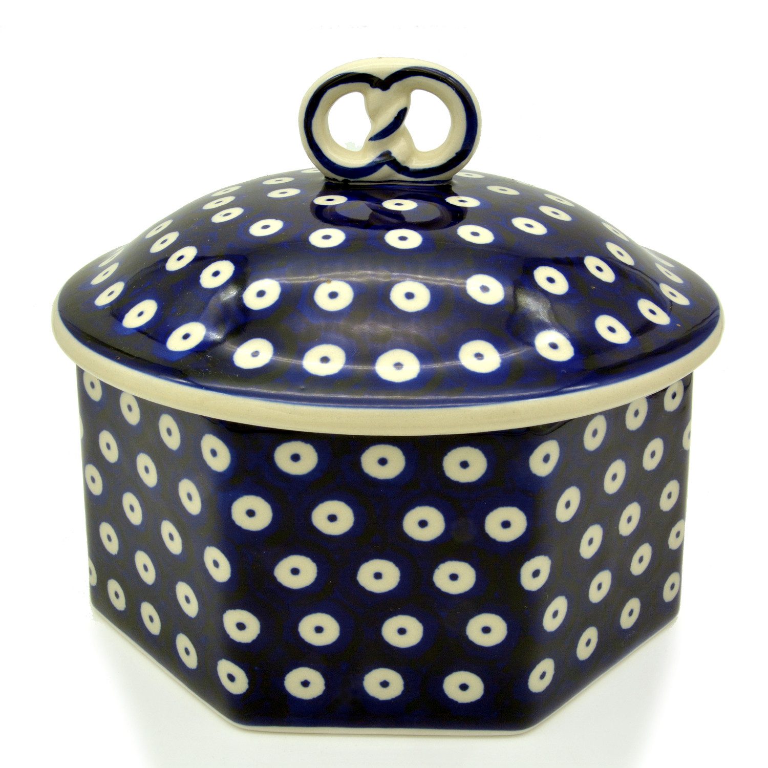 Bunzlauer Keramik Manufaktura Keksdose octagonal mit Brezel auf dem Deckel