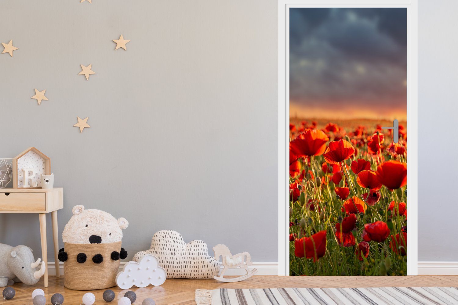 Türaufkleber, Feld 75x205 Tür, St), - Blumen Matt, für MuchoWow Rot Türtapete Fototapete - Mohnblumen - - Sonnenuntergang cm Natur, (1 bedruckt, -
