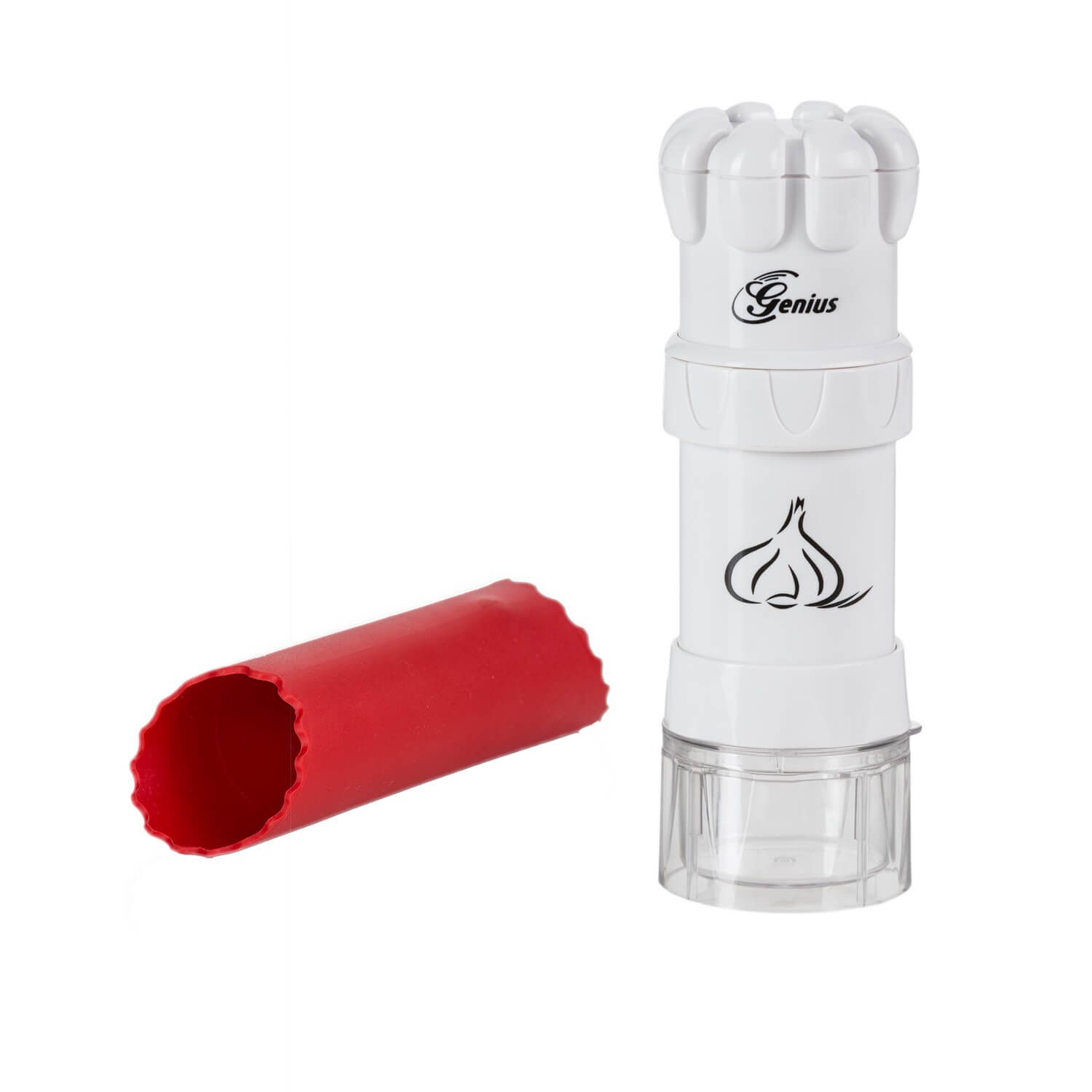 Genius Knoblauchschneider G5 Set 2-tlg. Knoblauchpresse inkl. Knoblauchschäler Weiß-Rot, Spülmaschinenfest, Perfekte Würfel in Sekundenschnelle