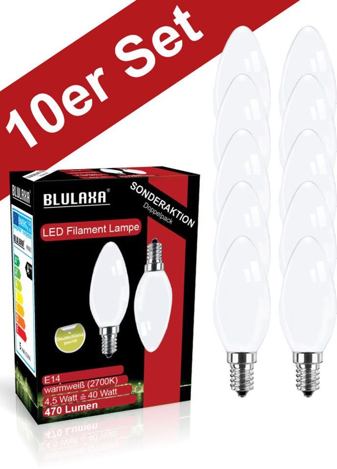 BLULAXA LED-Filament Retro Multi, E14, 10 St., Warmweiß, 10er-Set, Promotion-Pack Kerzenform, Filament, opal